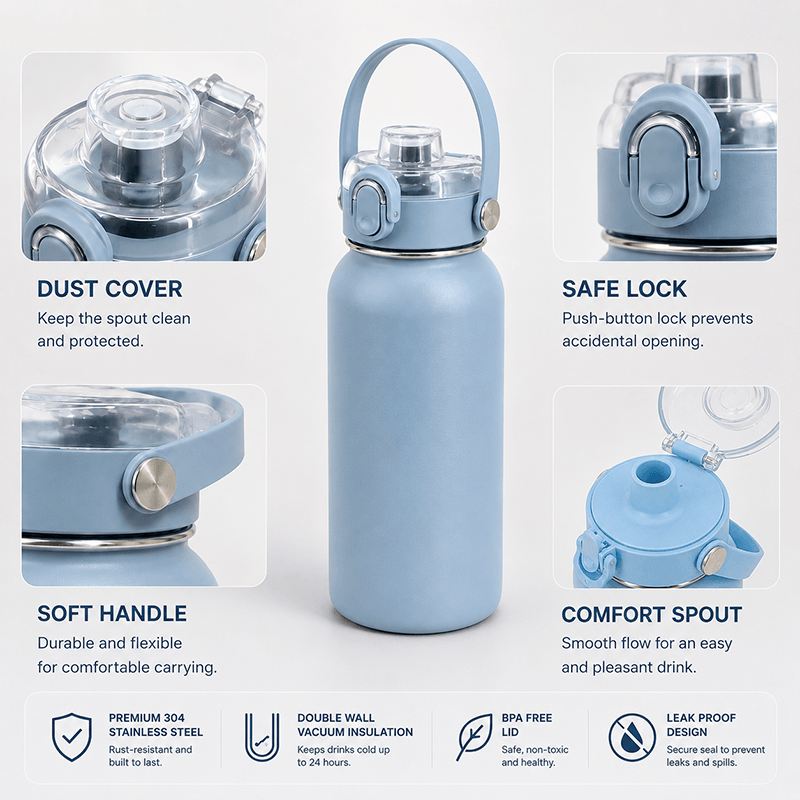 Wide Mouth 304 Stainless Steel Water Bottle with Auto-Pop Clear Lid & Safety Lock thumbnail 4