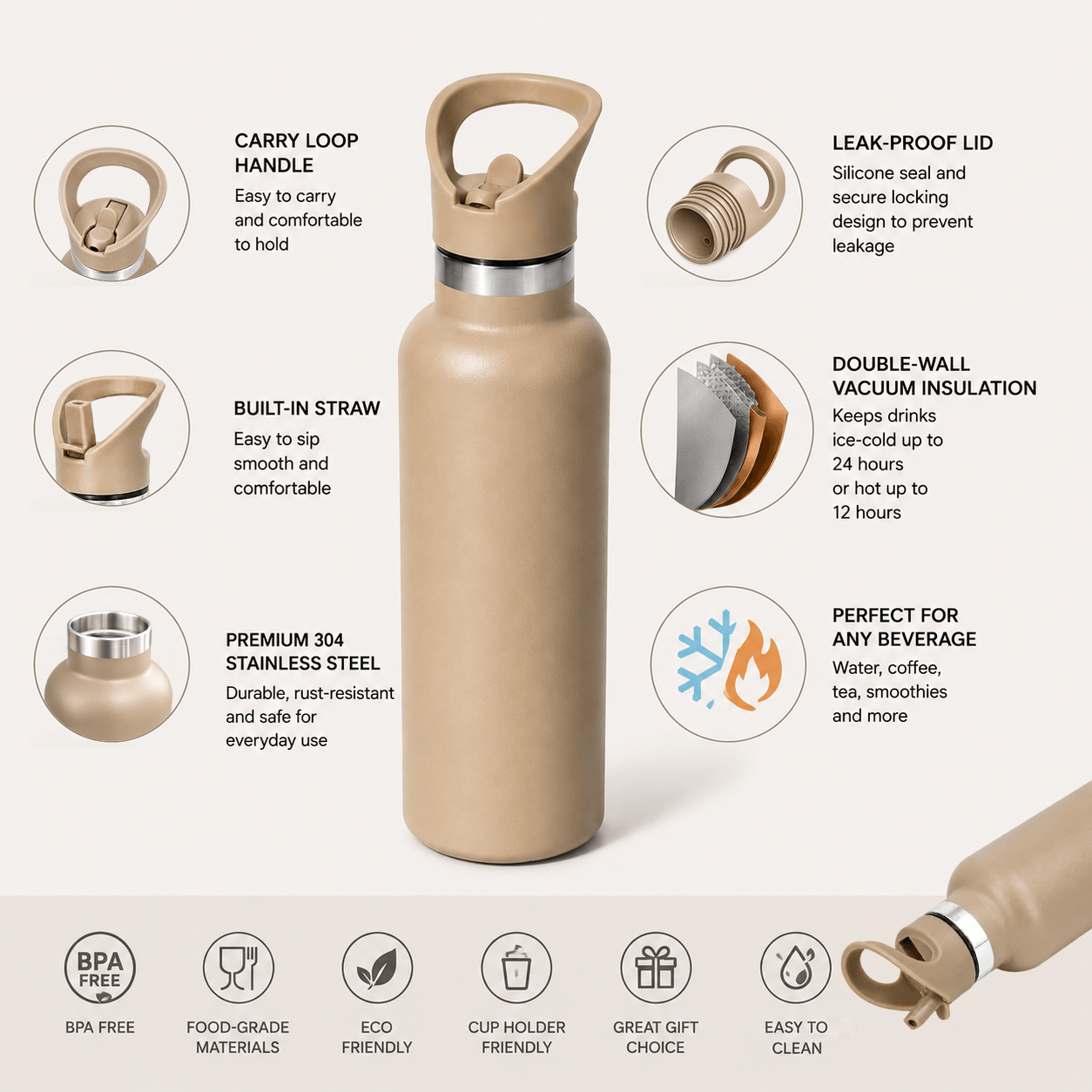 Standard Mouth 304 Stainless Steel Water Bottle with Soft-Touch Straw Lid & Curved Handle thumbnail 4