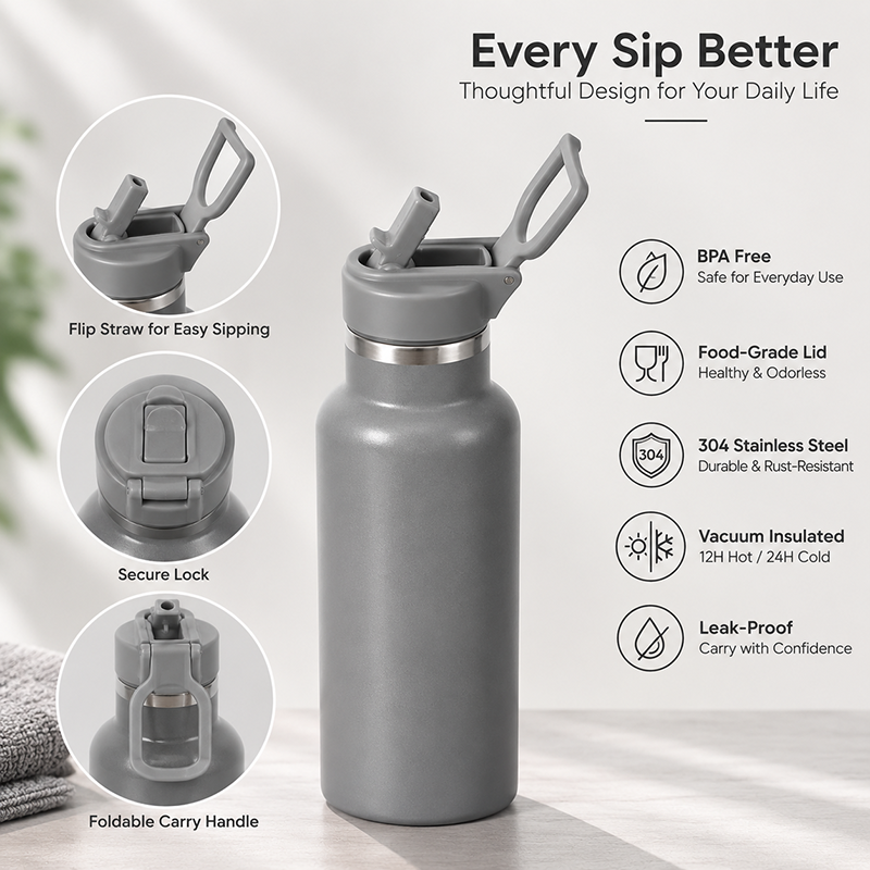 Standard Mouth 304 Stainless Steel Water Bottle with Metal-Pinned Straw Lid thumbnail 4