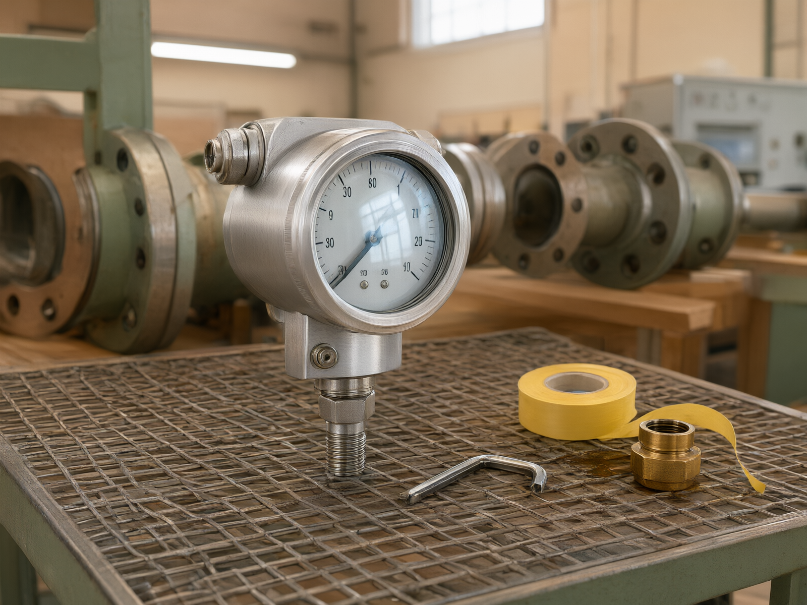 The pressure transmitter is placed on a metal mesh workbench.
