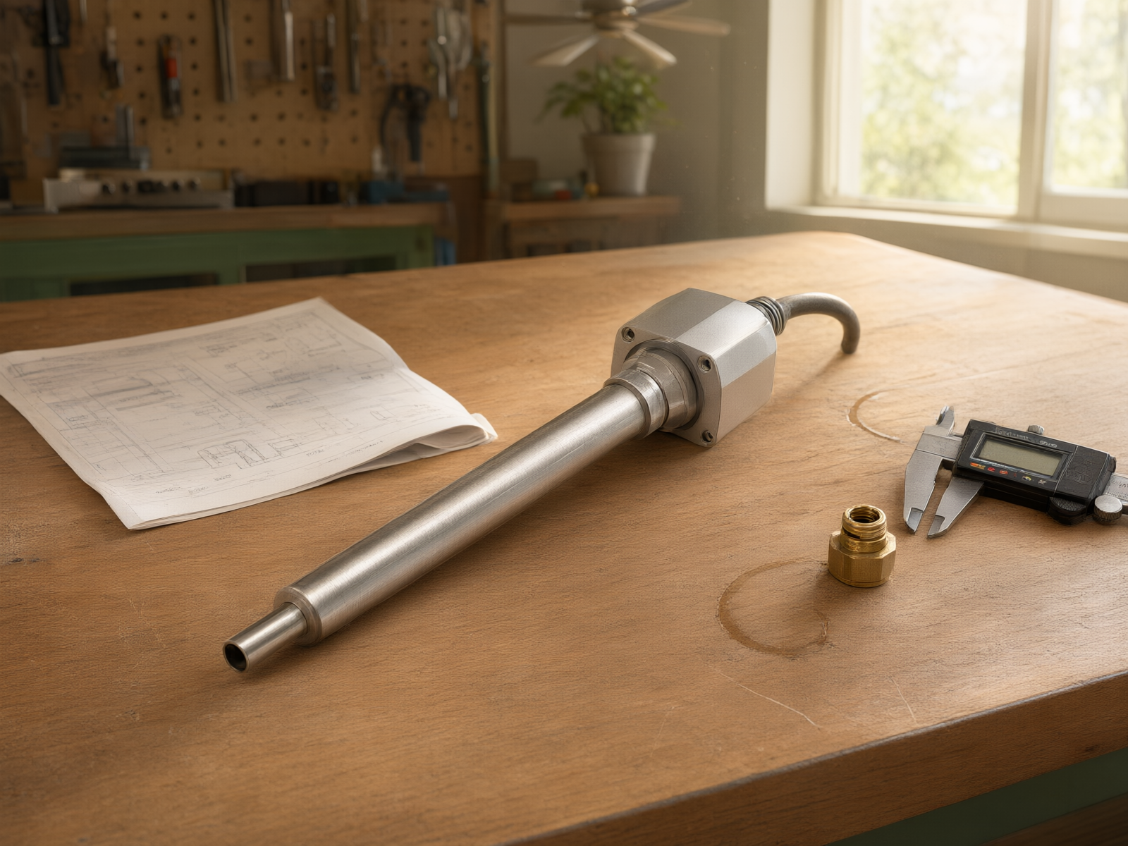 Industrial temperature sensor placed on a wooden workbench
