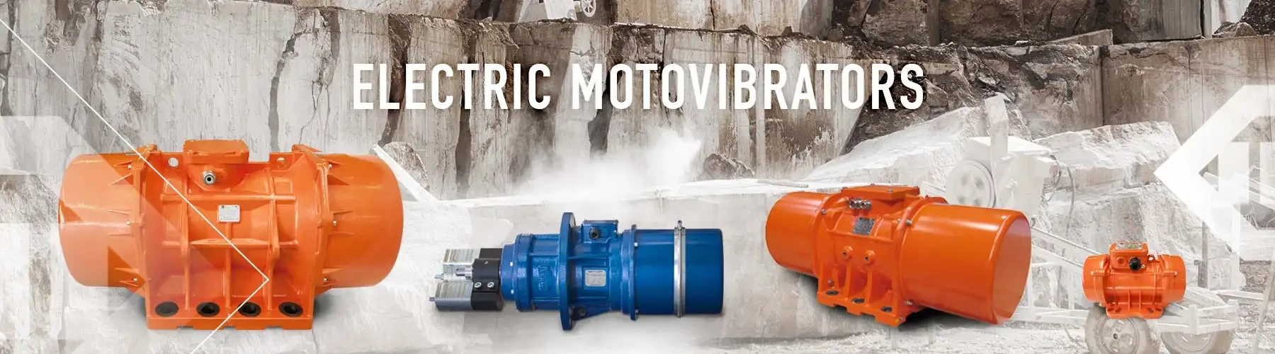 Electric Vibrating Motor Product Showcase, Featuring Orange and Blue Units in a Quarry Setting