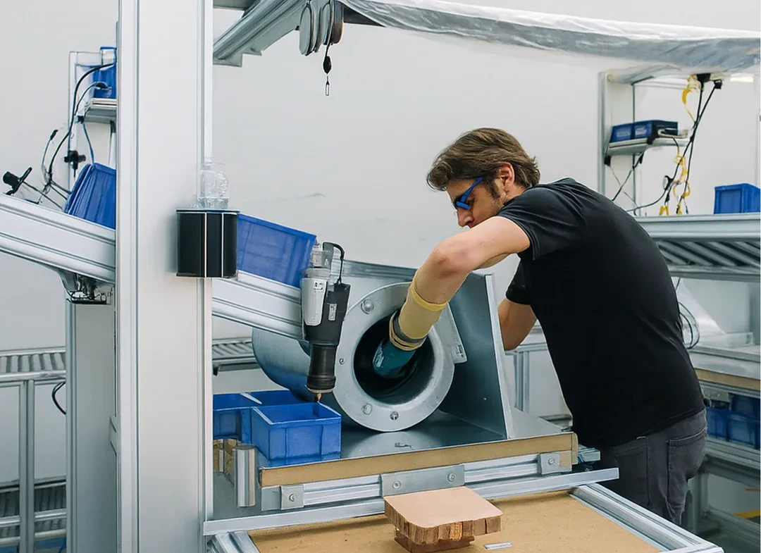 Engineers assemble and test fans in the workshop.