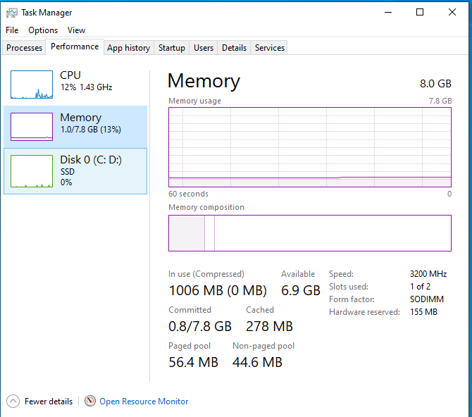 Roughly 800 MB RAM in use on an 8 GB device