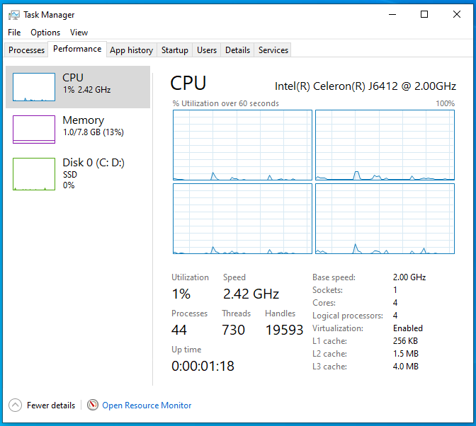 44 processes and 730 threads on a fresh boot