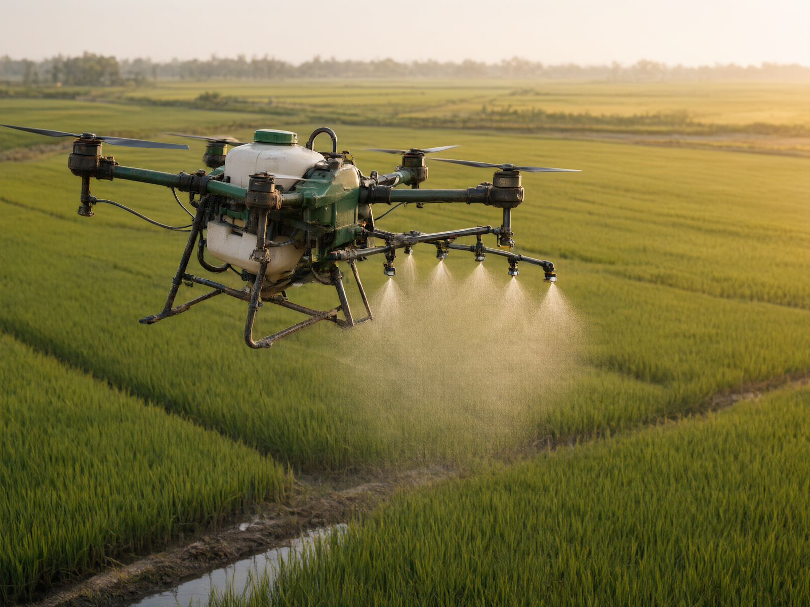 Agricultural plant protection drones operating over rice paddies