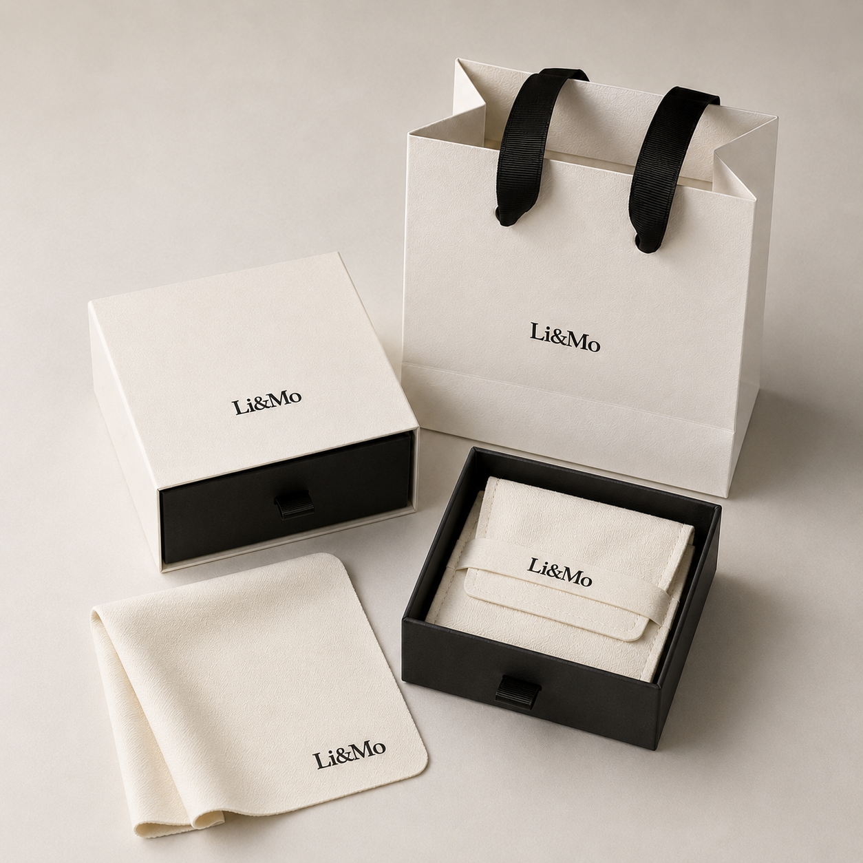 Li&Mo signature retail-ready packaging: gift box, pouch, bag, and polishing cloth