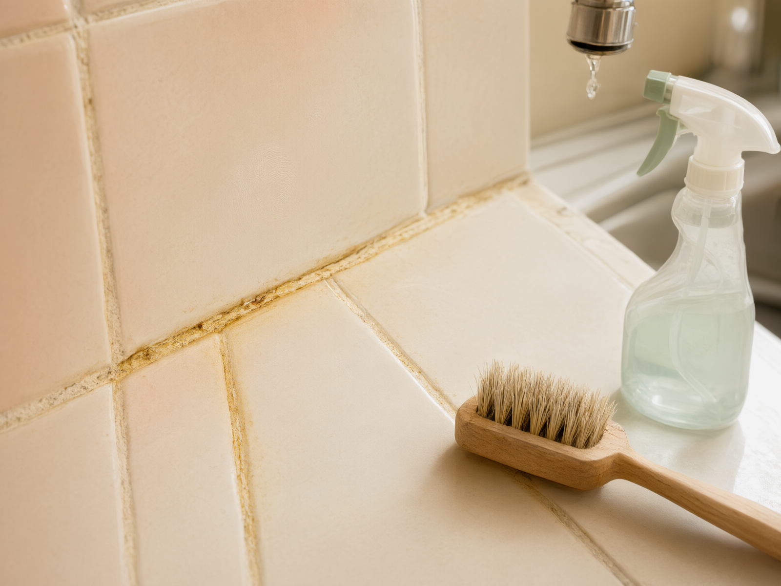 Close-up of stained grout lines on tiles