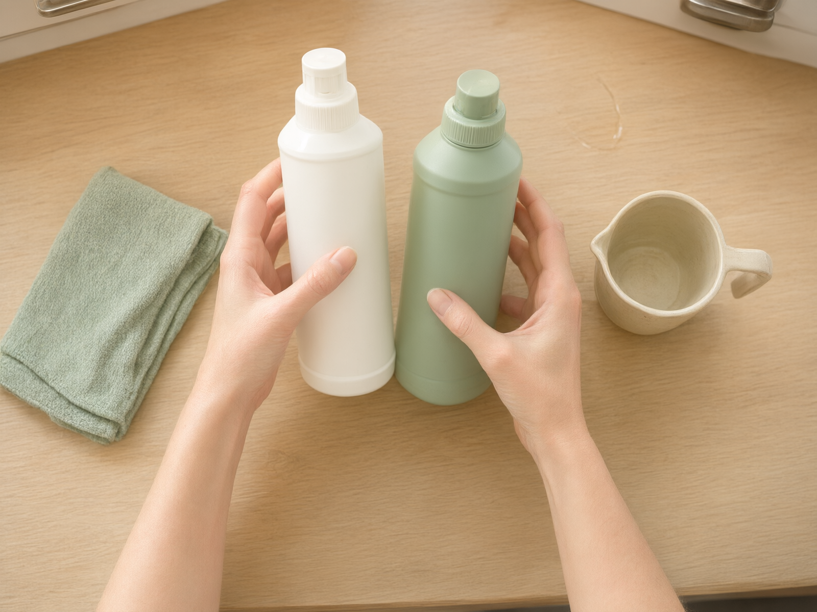 Top-down comparison of two different kitchen cleaning products