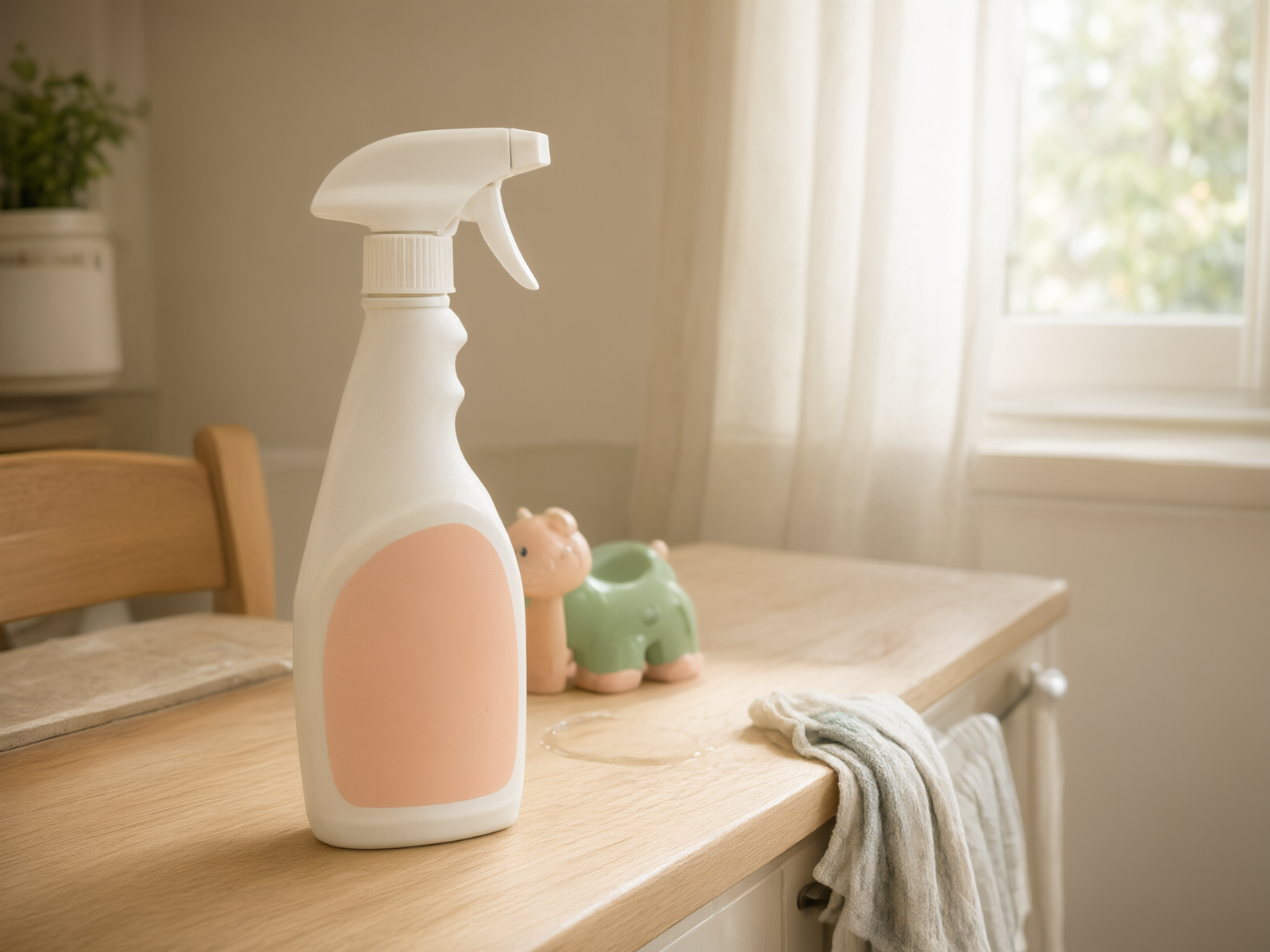 Cleaner on the kitchen countertop and children's toys in the background