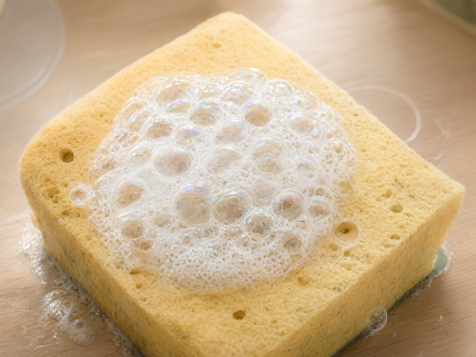 Close-up of fine cleaning foam on a sponge
