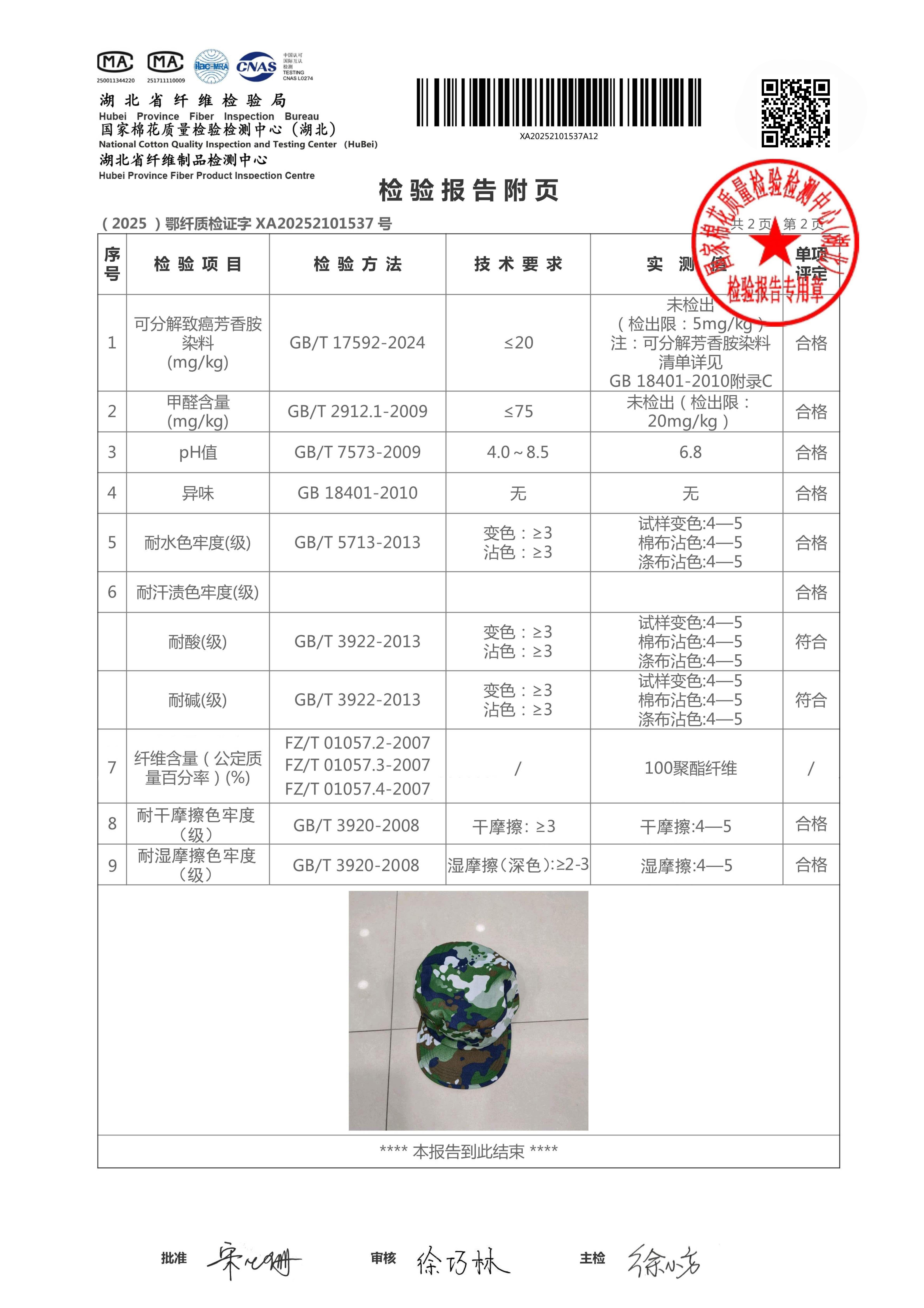 迪卡小士兵帽检验报告第 2 页附页：各检验项目实测数据与样品照片