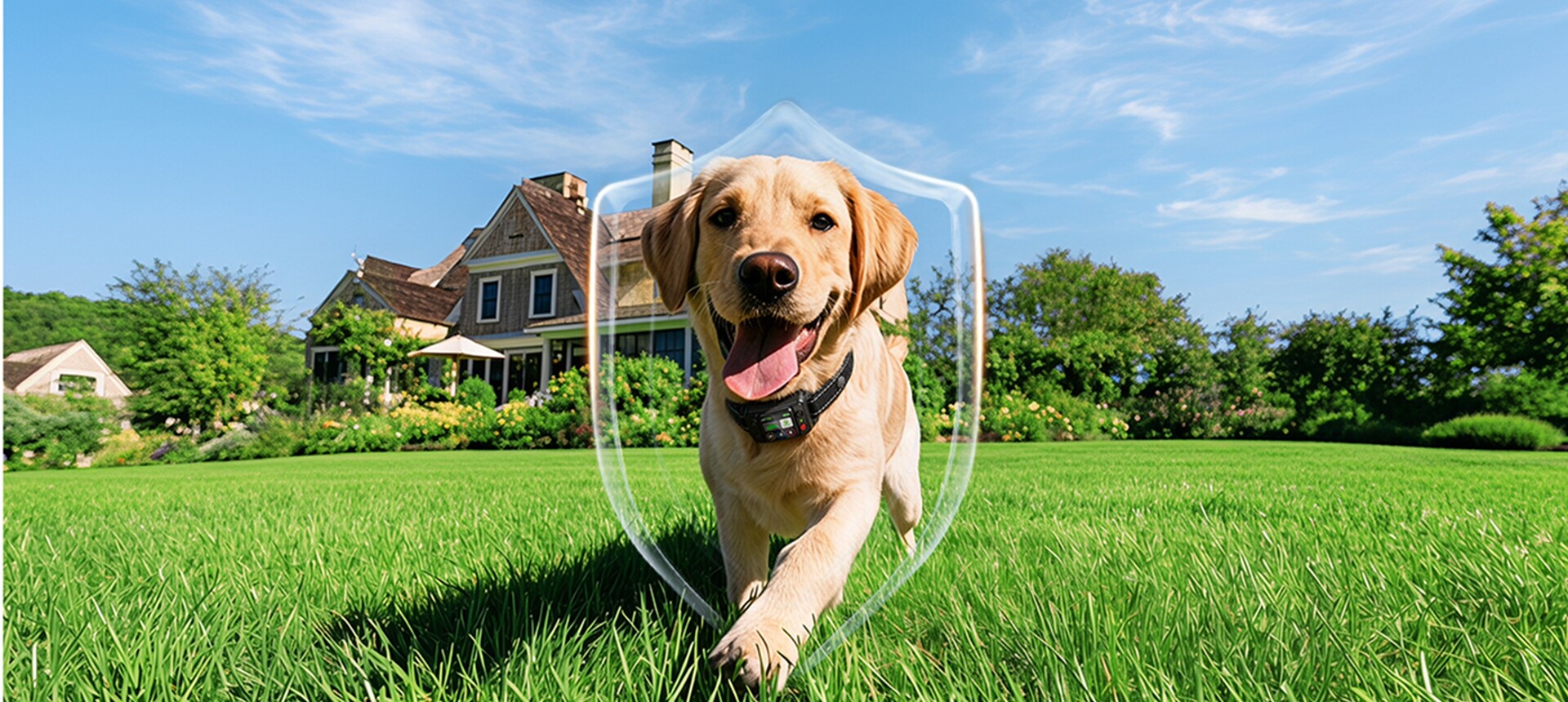 Dog running freely in a sunny backyard wearing GPS fence collar