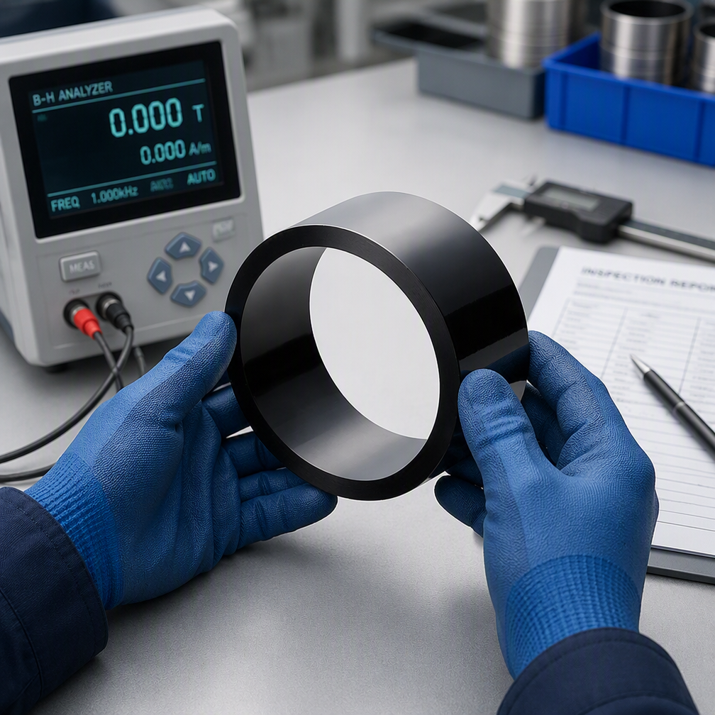 Worker testing a toroidal core in the factory