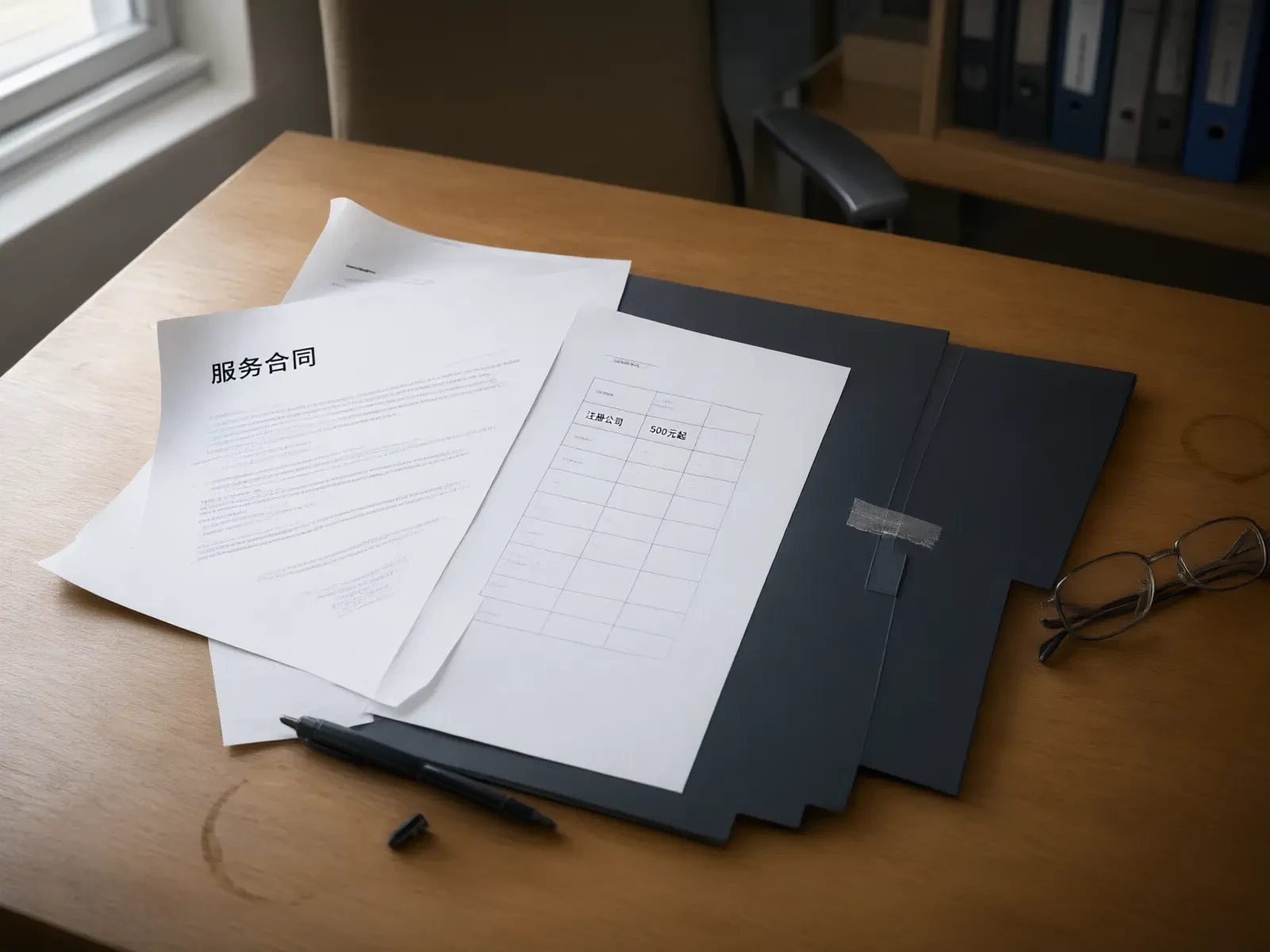 桌面上摊开的服务合同、报价单与材料文件夹