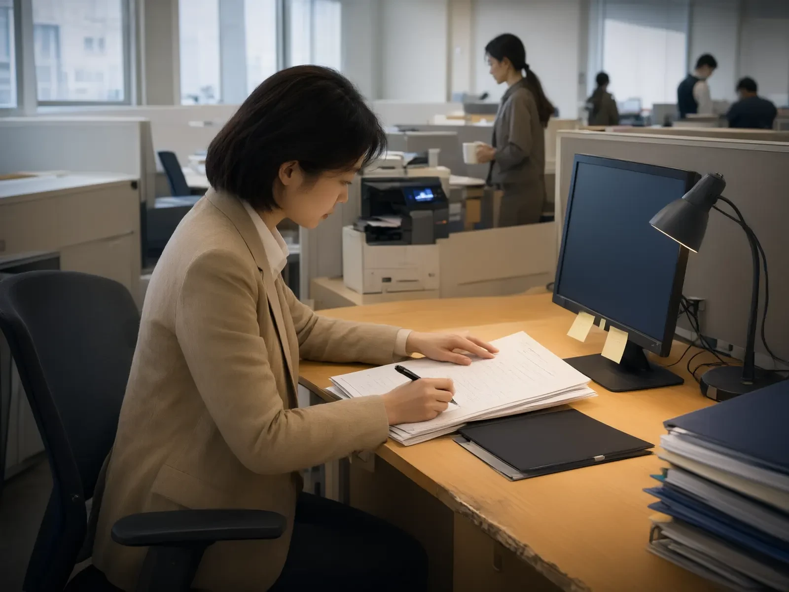 会计在工位上核对打印报表