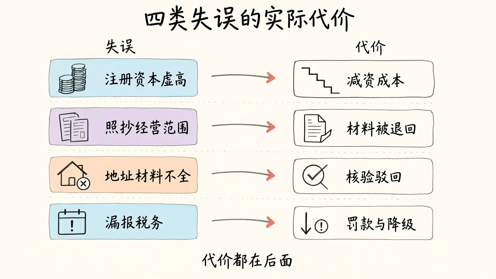 四类高频失误及其代价：注册资本虚高、照抄经营范围、地址材料不全、漏报税务