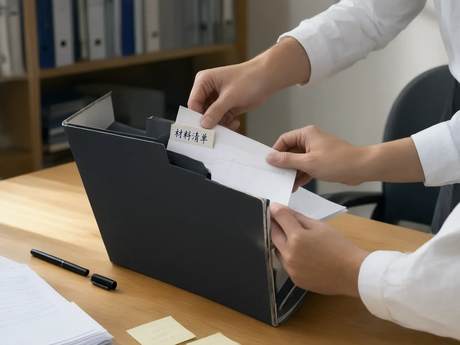把登记材料按分页整理进黑色文件夹