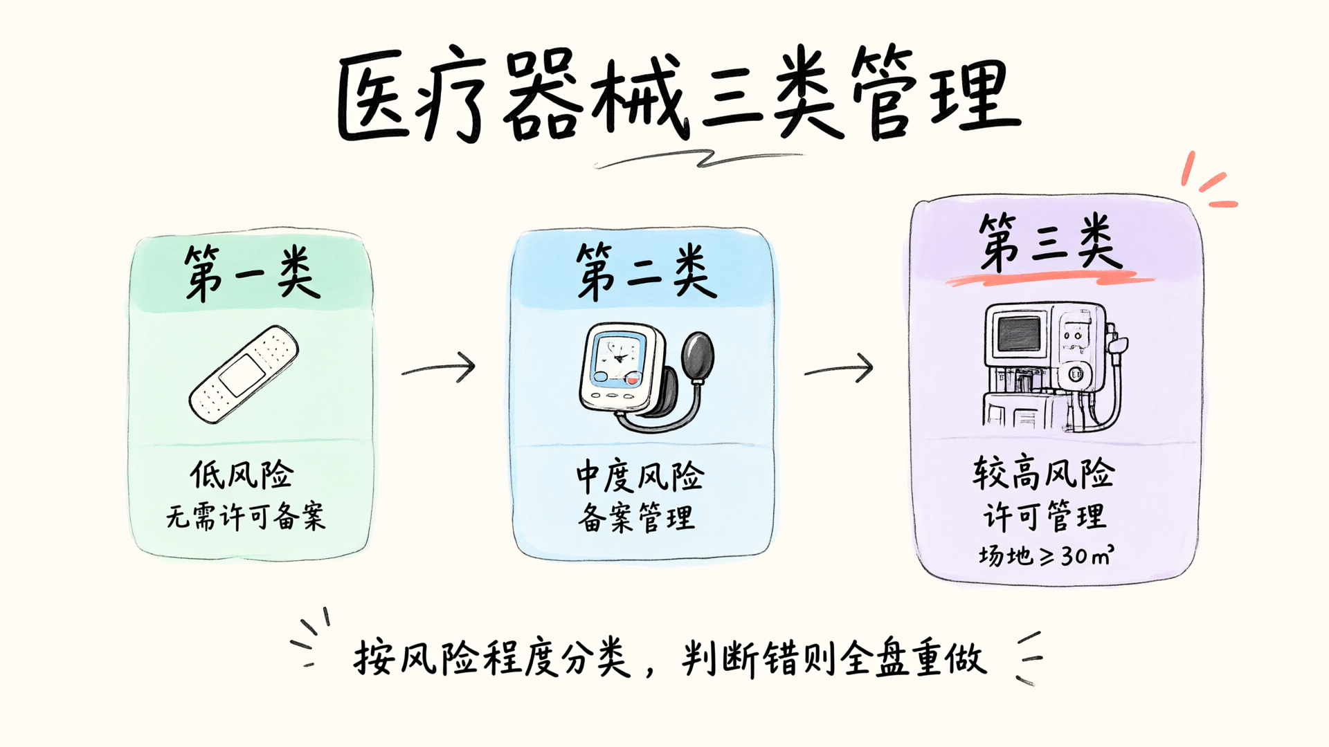医疗器械三类管理：第一类低风险无需许可，第二类中度风险备案管理，第三类较高风险许可管理