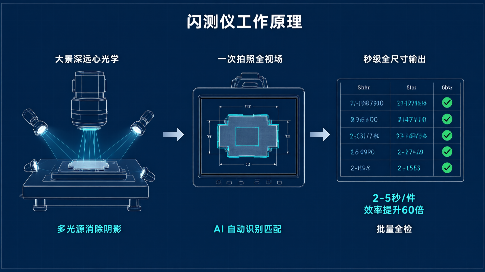 Flash Measurement Principle: Large-depth-of-field telecentric optics → Single-shot full field of view → AI-powered automatic detection → Full dimensional output in seconds