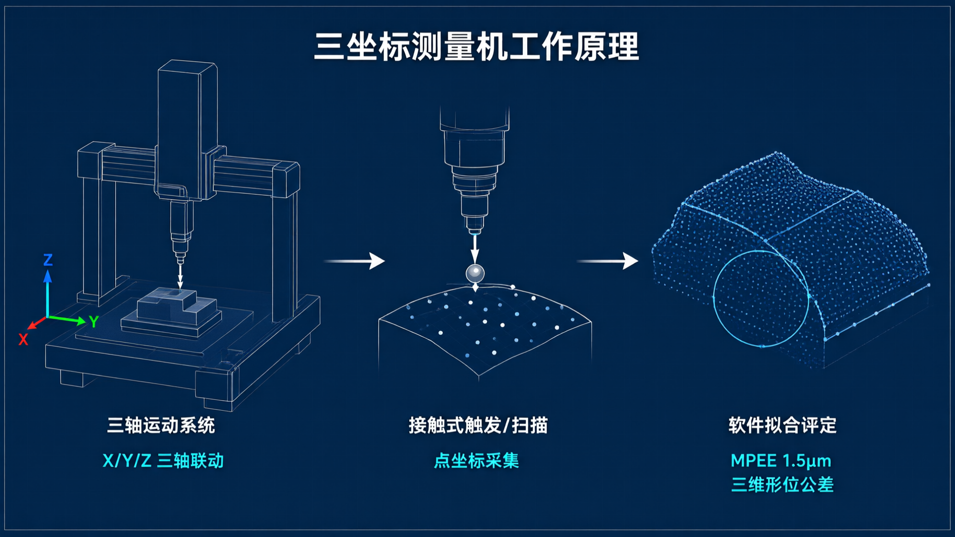 Working Principle of CMM: Three-axis motion system → Contact-triggered point coordinate acquisition → Software-based fitting and evaluation
