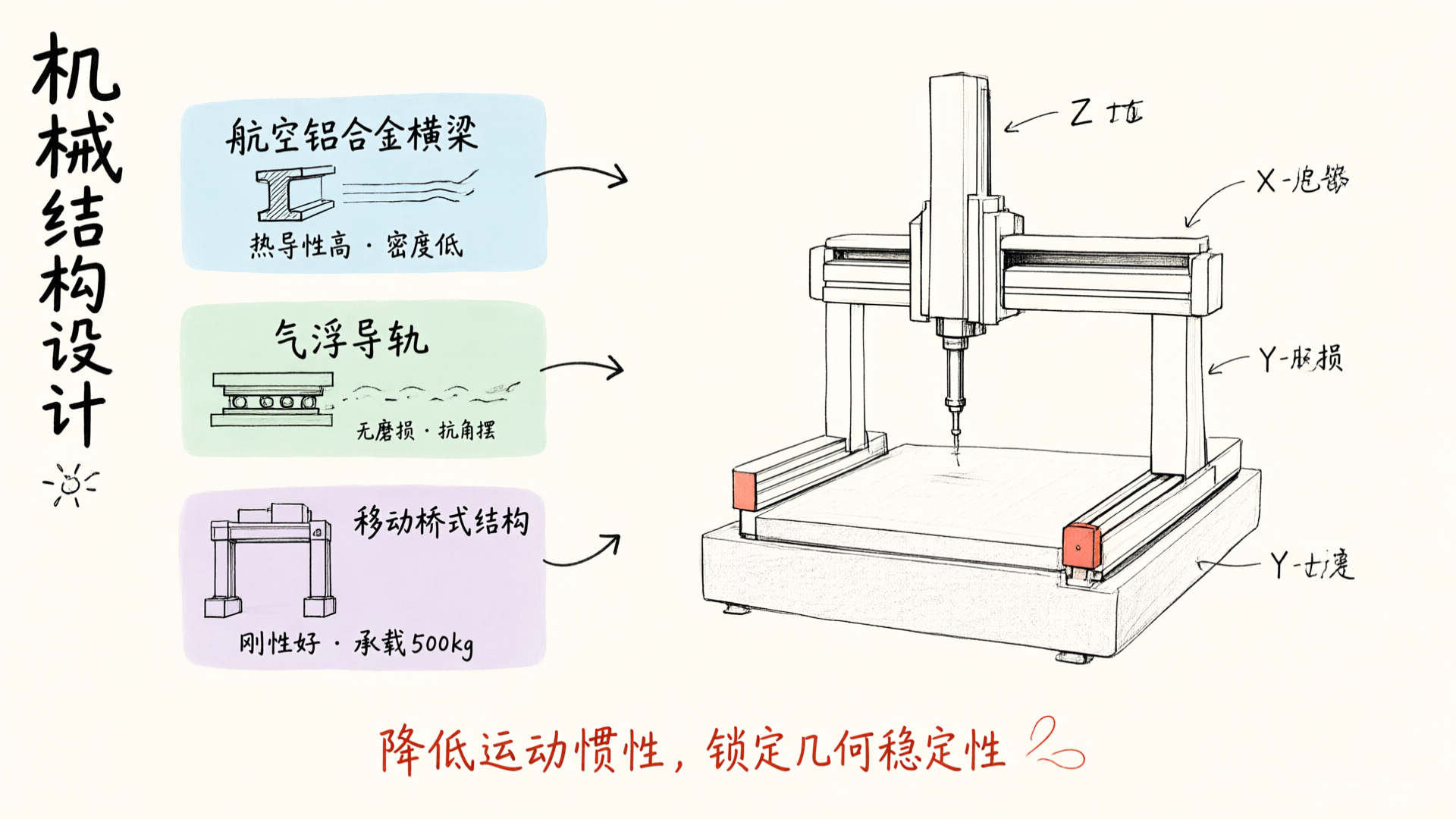 Mechanical Design: Aerospace Aluminum Alloy Crossbeam, Air Floatation Guide Rails, and Moving Bridge Structure