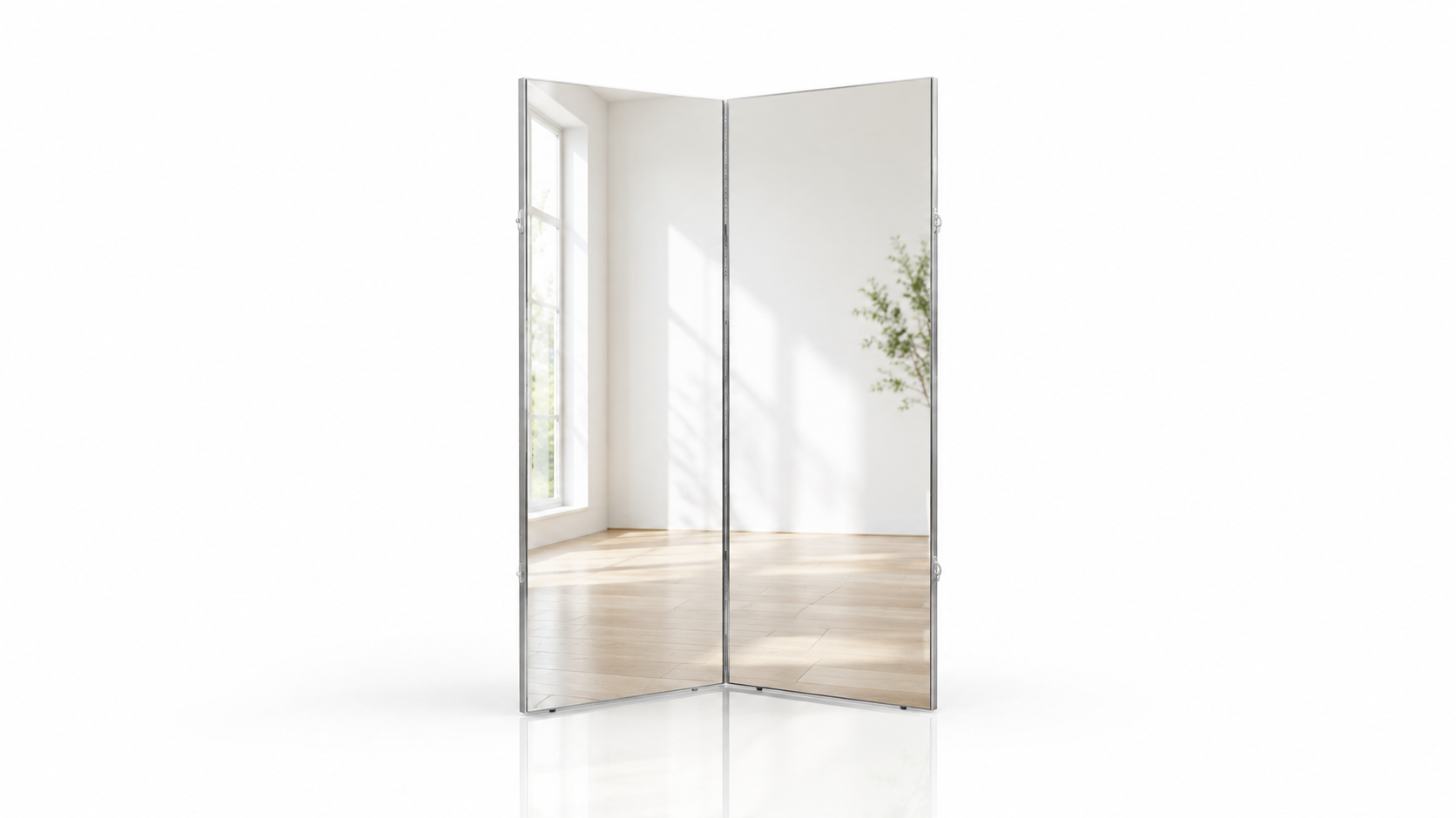 bifold two-panel glass-less shatterproof nanomirror standing in bedroom