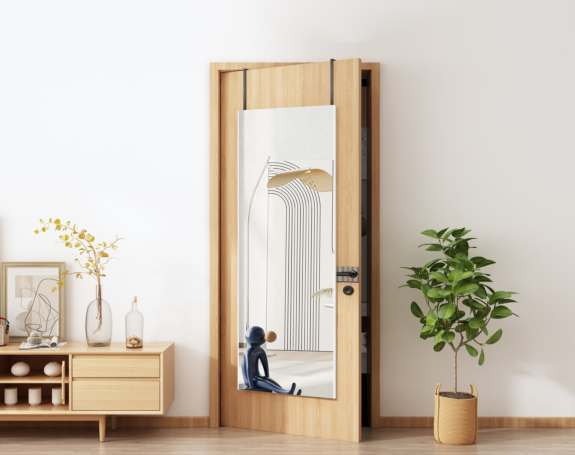 over-the-door glass-less shatterproof nanomirror hanging on apartment door