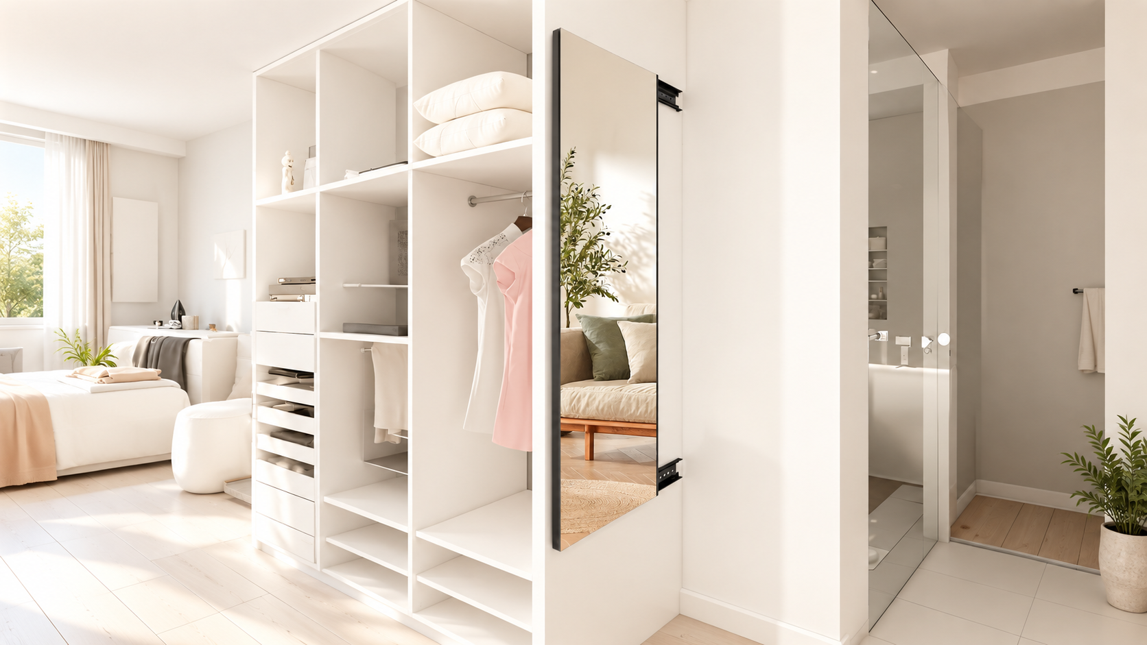 sliding glass-less shatterproof nanomirror door on wardrobe with soft-close rail