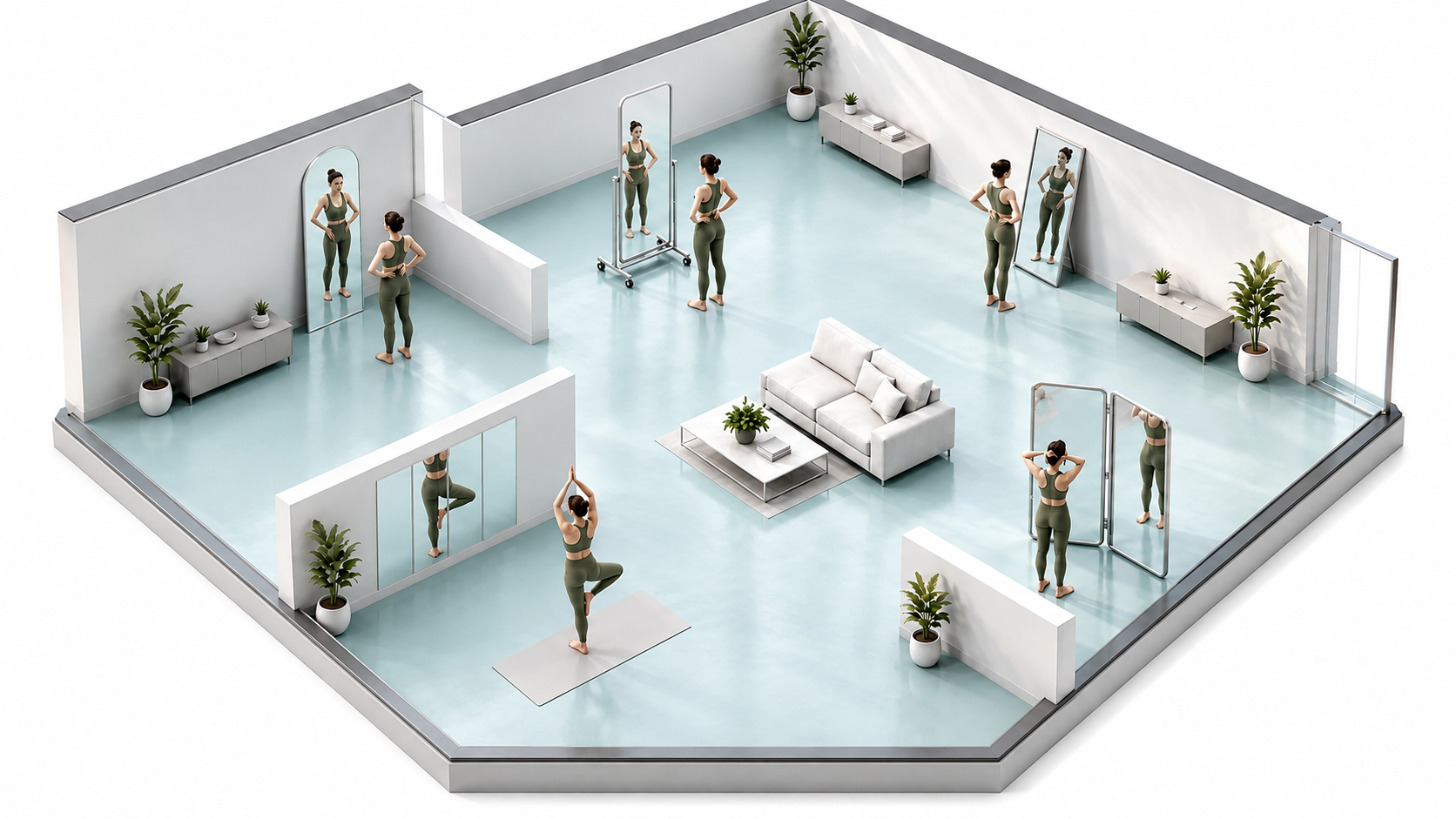 3D isometric showroom with five glassless mirror styles
