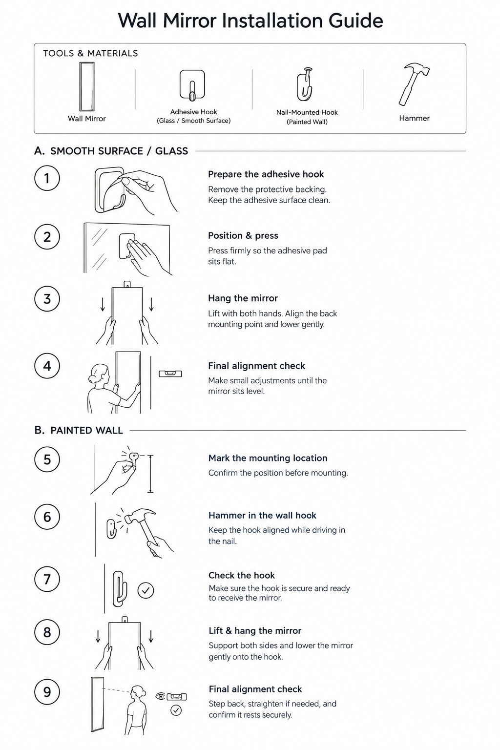 Wall mirror installation guide infographic: tools and materials plus nine illustrated steps for smooth surface and painted wall mounting