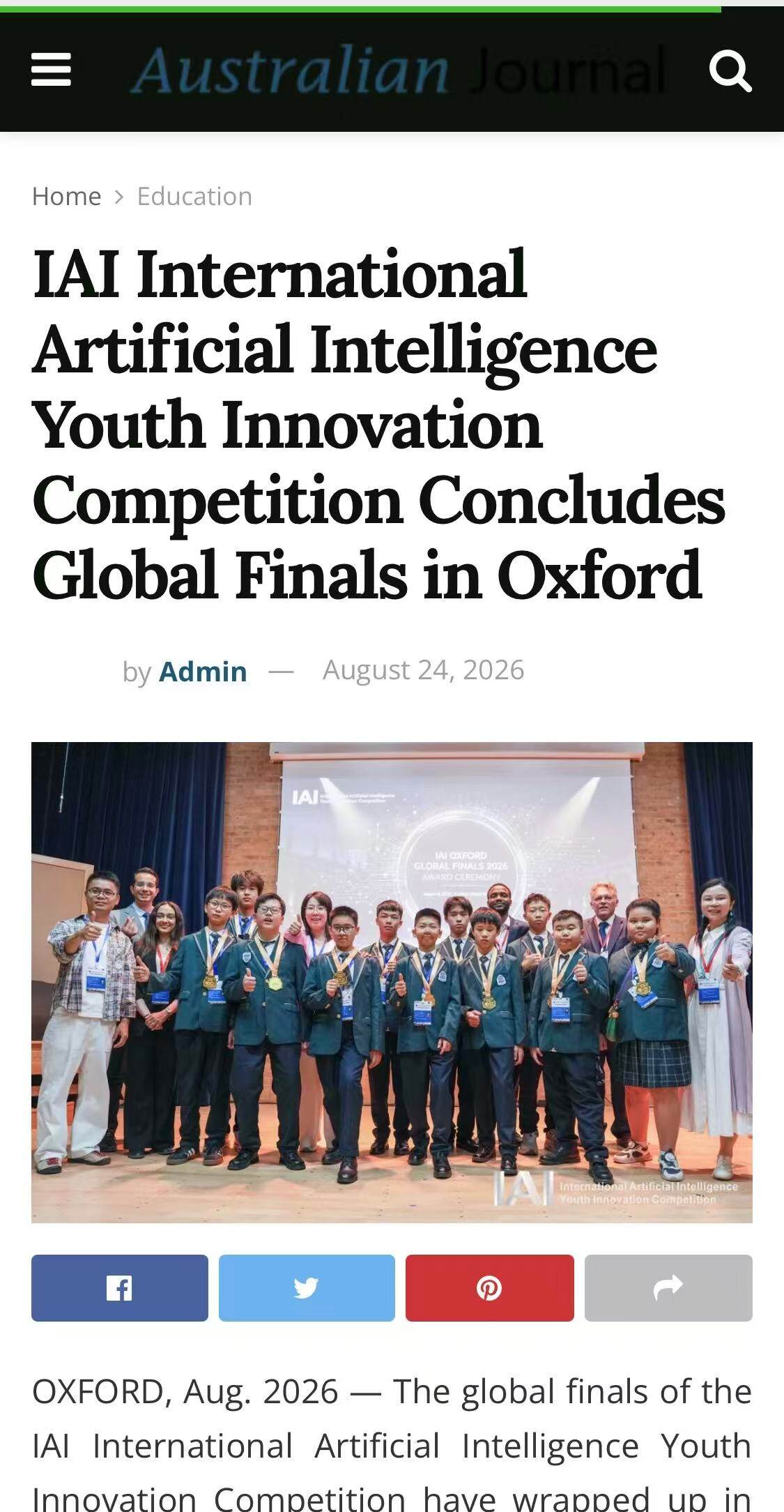 IAI International Artificial Intelligence Youth Innovation Competition Concludes Global Finals in Oxford