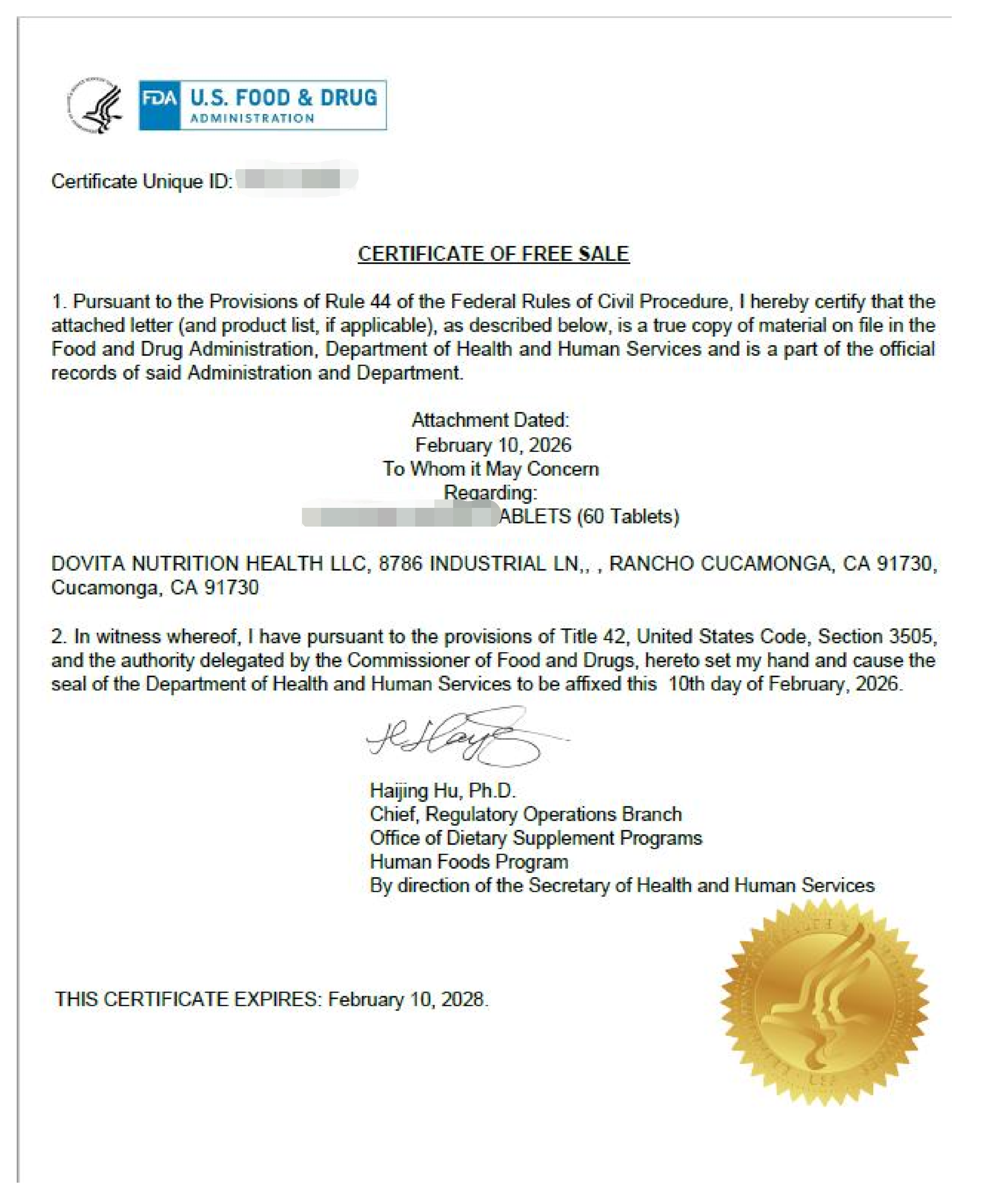 Certificate of Free Sale