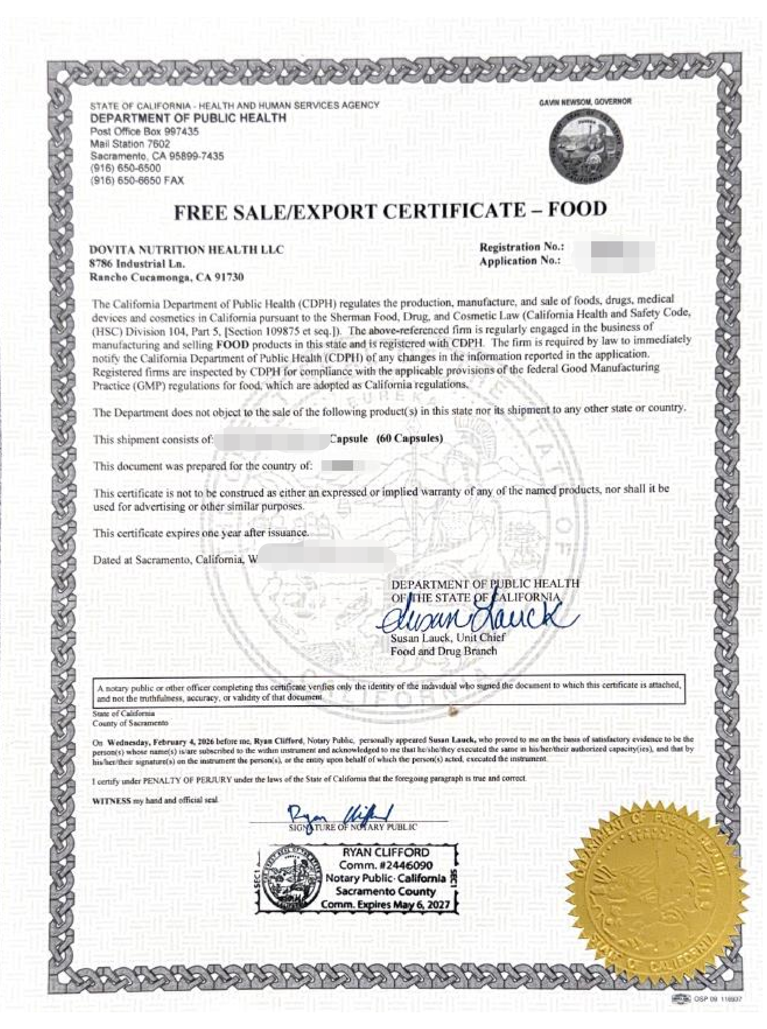 Free Sales/Export Certificate
