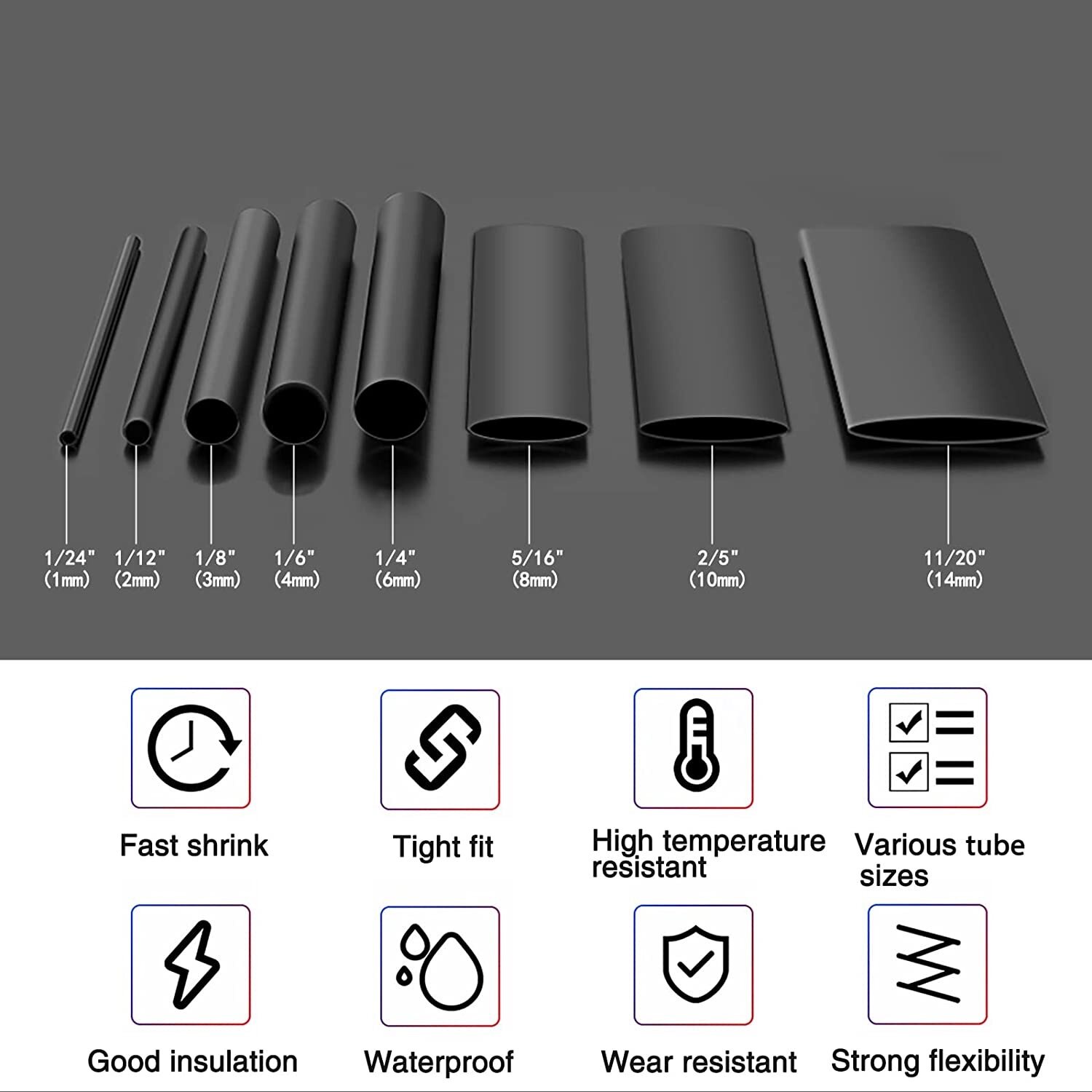 Heat Shrink Tubing Kit, 2:1 Shrink Ratio Wire Wrap Electrical Insulation Cable Sleeve, Assorted Size