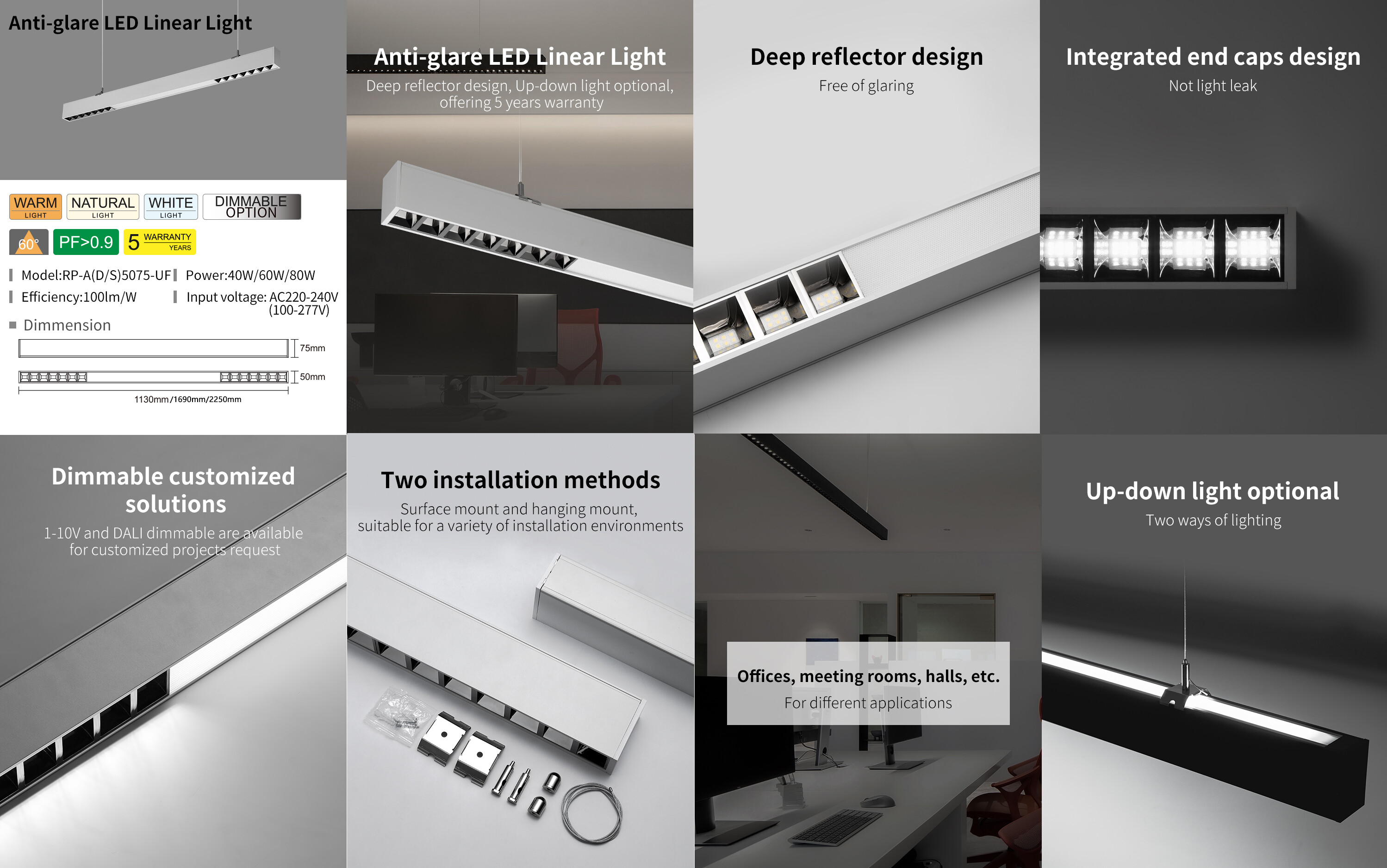 A5075-UF Series Architectural LED Linear Pendant Light with Anti-Glare Louver - Thumbnail 3