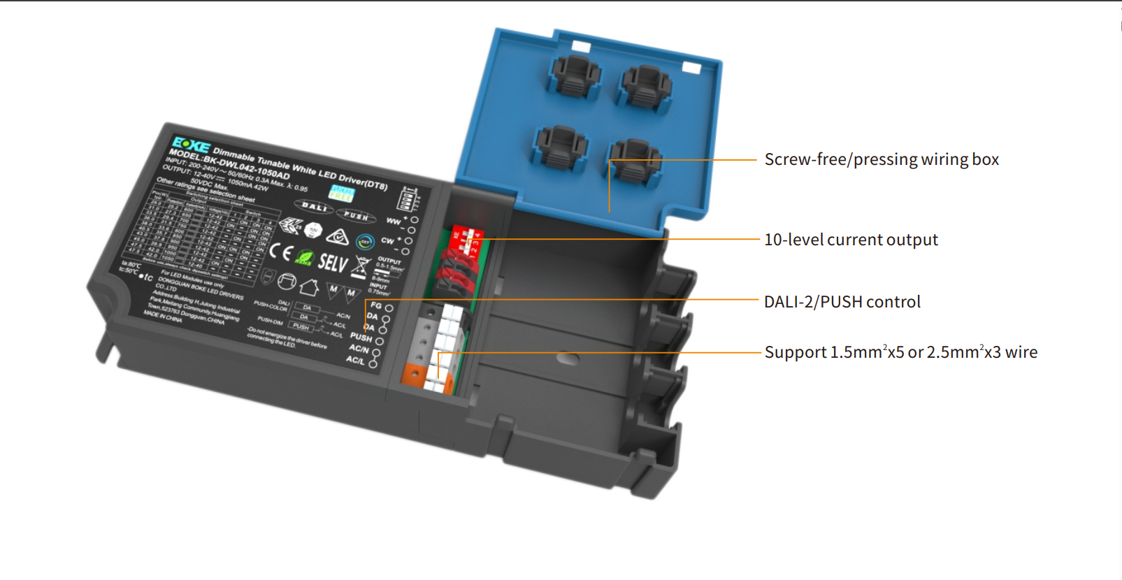 Constant current independent color temperature LED-driver BK-DWLXXX Series (DALI-2+pushDIM+pushCCT)