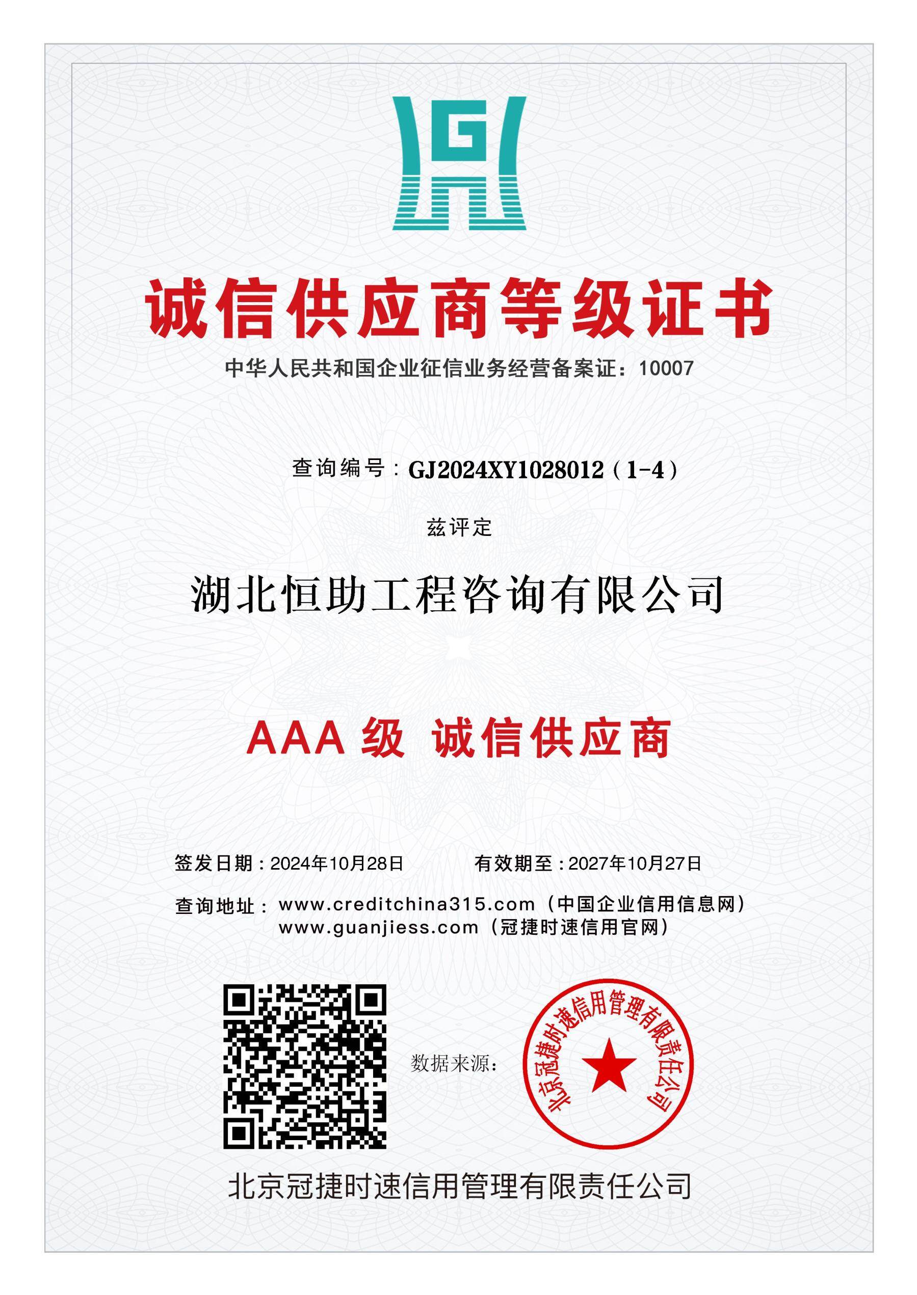Certificate of Honorable Supplier Rating