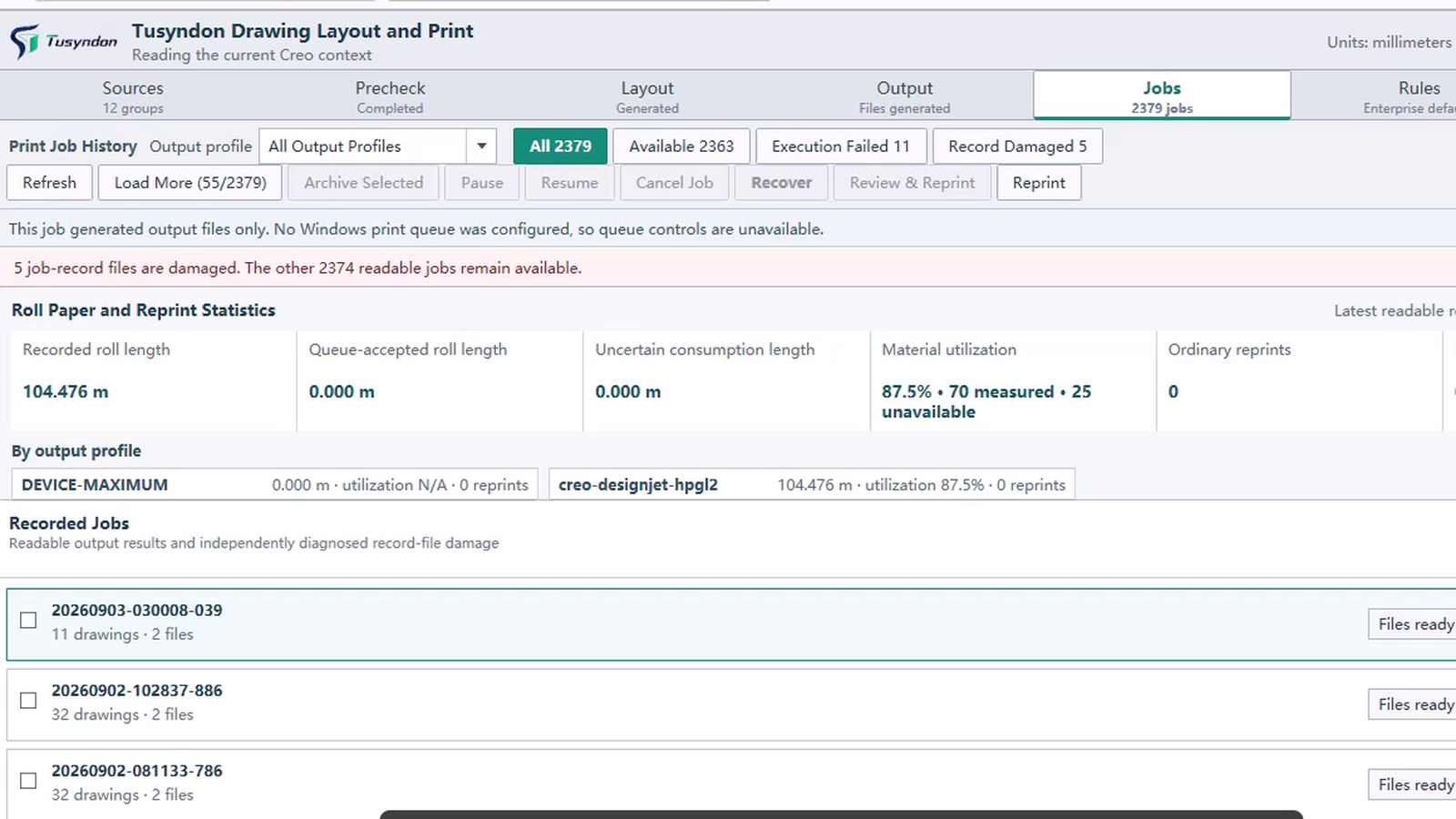 Draw Nester job history screen with roll statistics, utilization metrics, and recorded job list