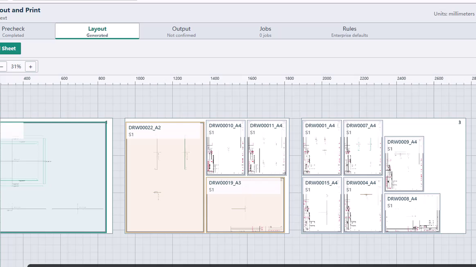 Create a Nester roll-paper layout workspace with drawings arranged on a millimeter-scaled roll