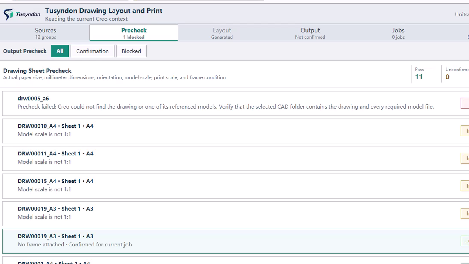 Drawing Nester Precheck: List of Drawing Sheets with Size, Scale, and Frame Confirmation
