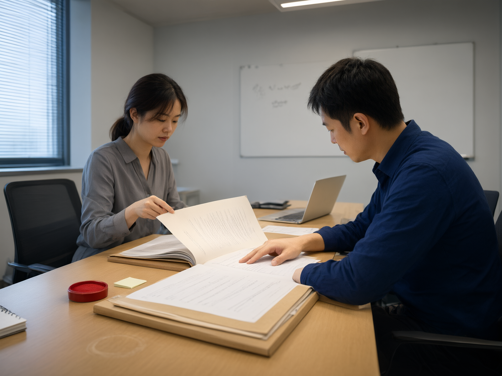 两名专职编制老师在长桌旁逐页复核投标文件