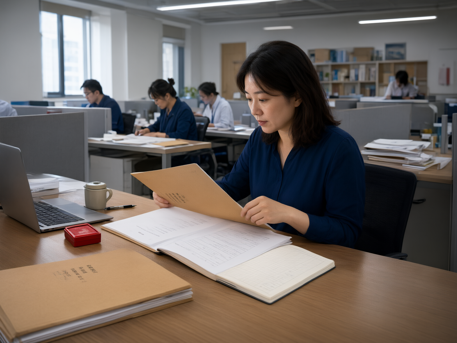 专业实体公司办公区内,专职编制老师正在核对投标文件