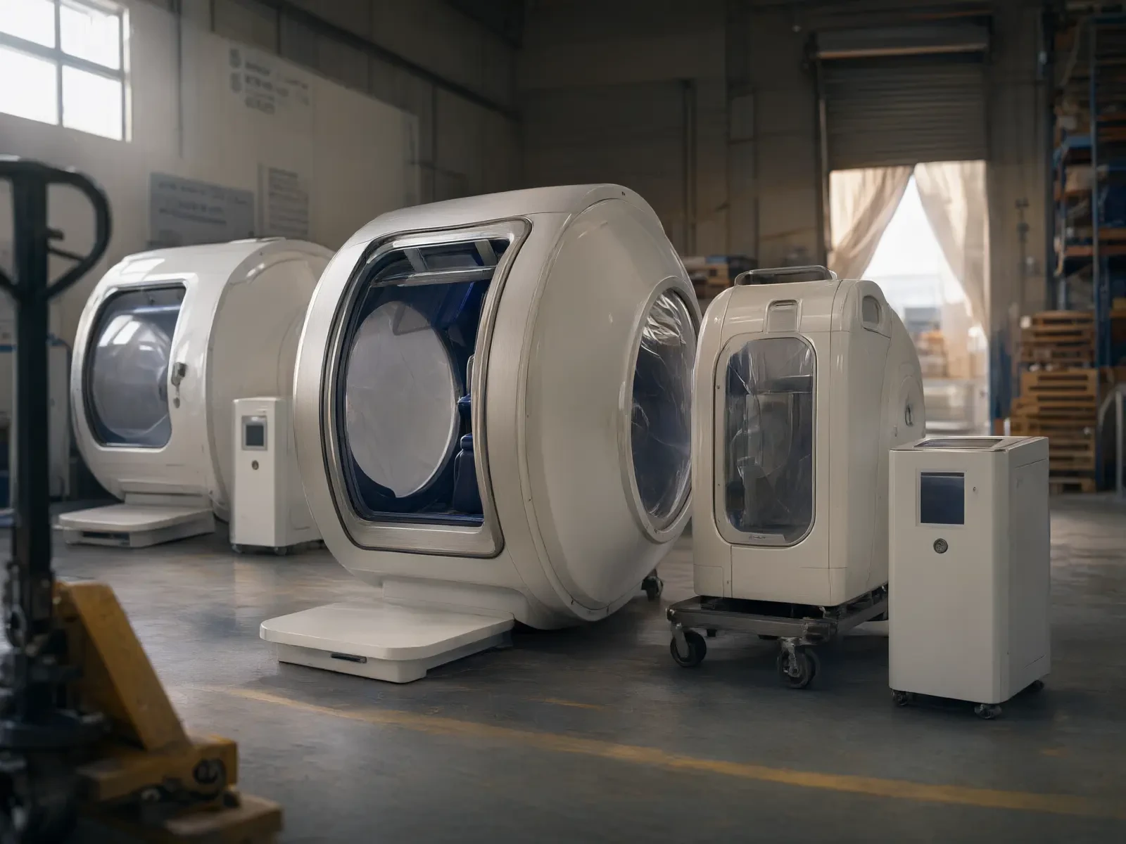 Three chamber formats standing side by side in a factory finished-goods area