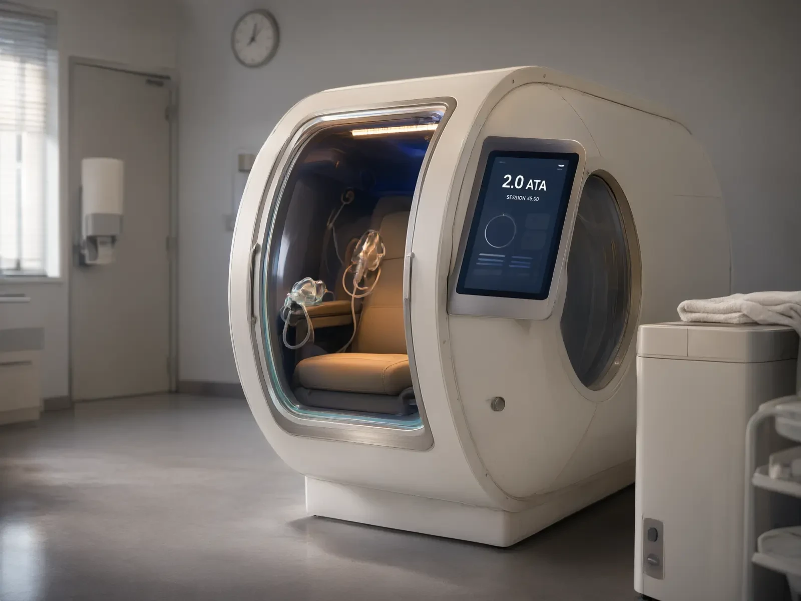 Split 2.0ATA chamber in a treatment room, one-metre window and external session display facing camera