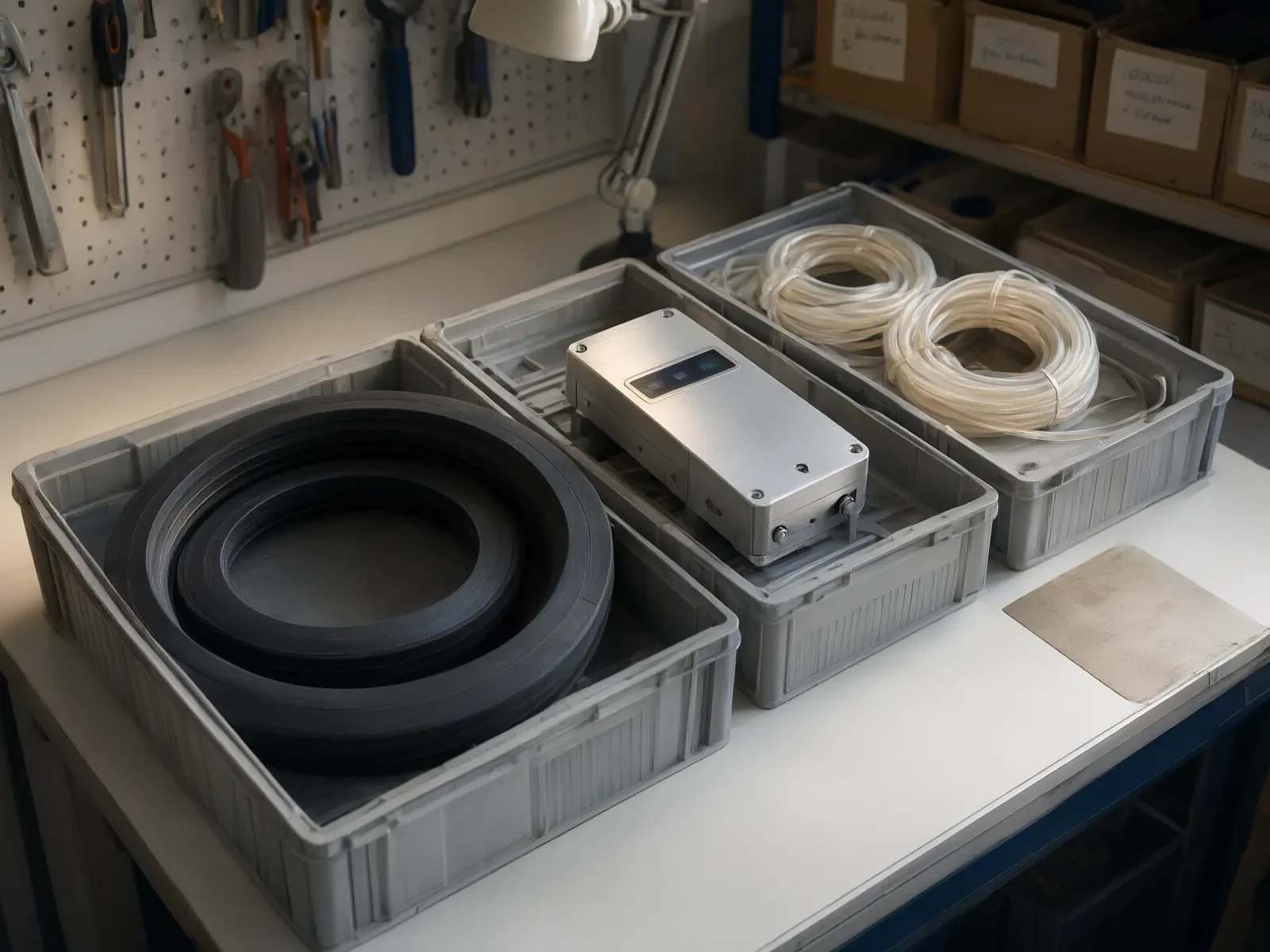 Door seal rings, control modules and oxygen tubing laid out in partitioned spare-part crates