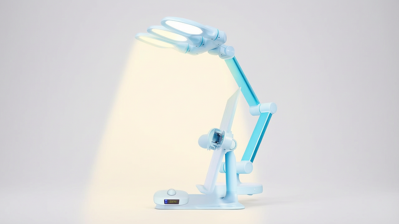 Minimalist blue-and-white eye-protection desk lamp scene