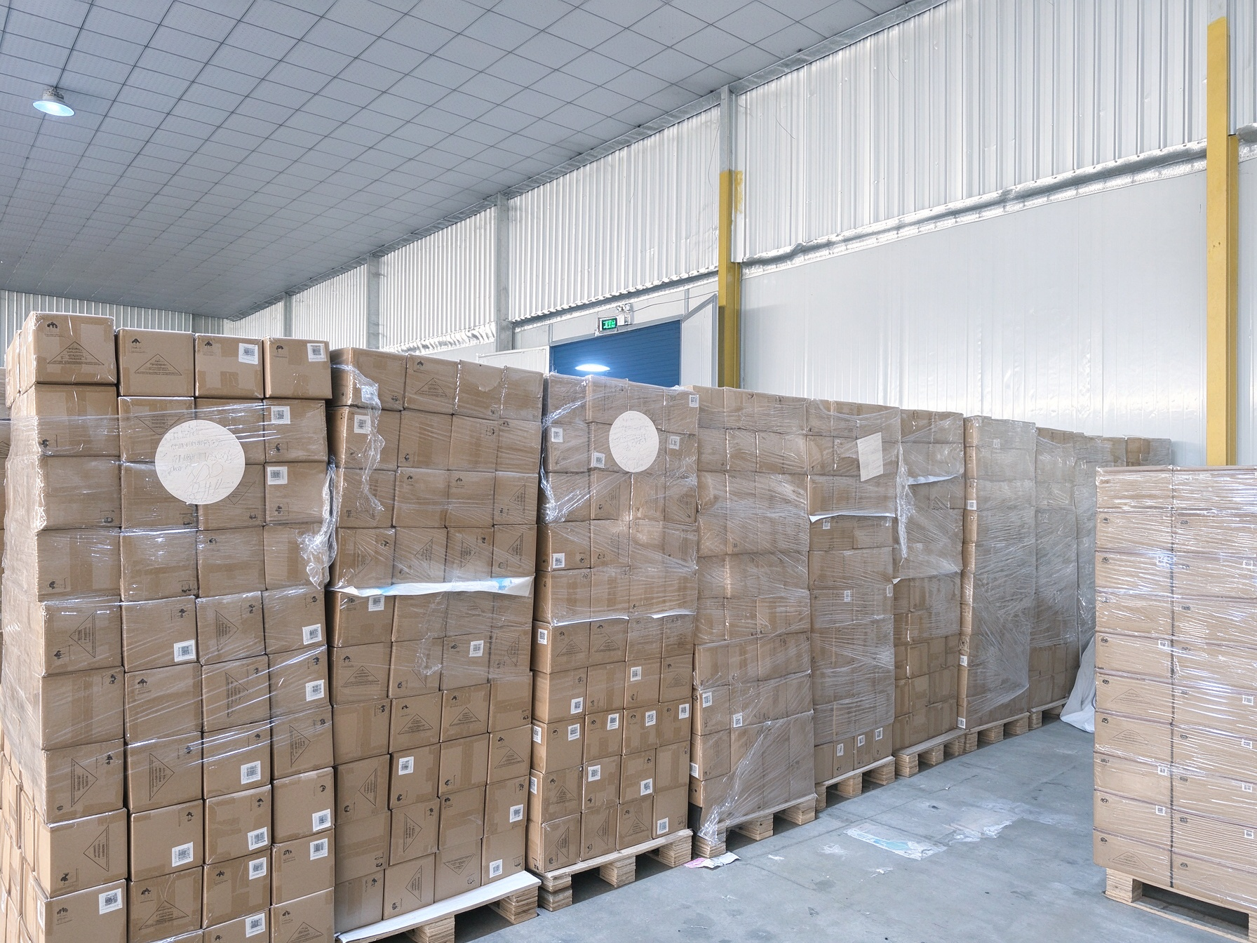 Export warehouse with palletized bulk paper plates cartons
