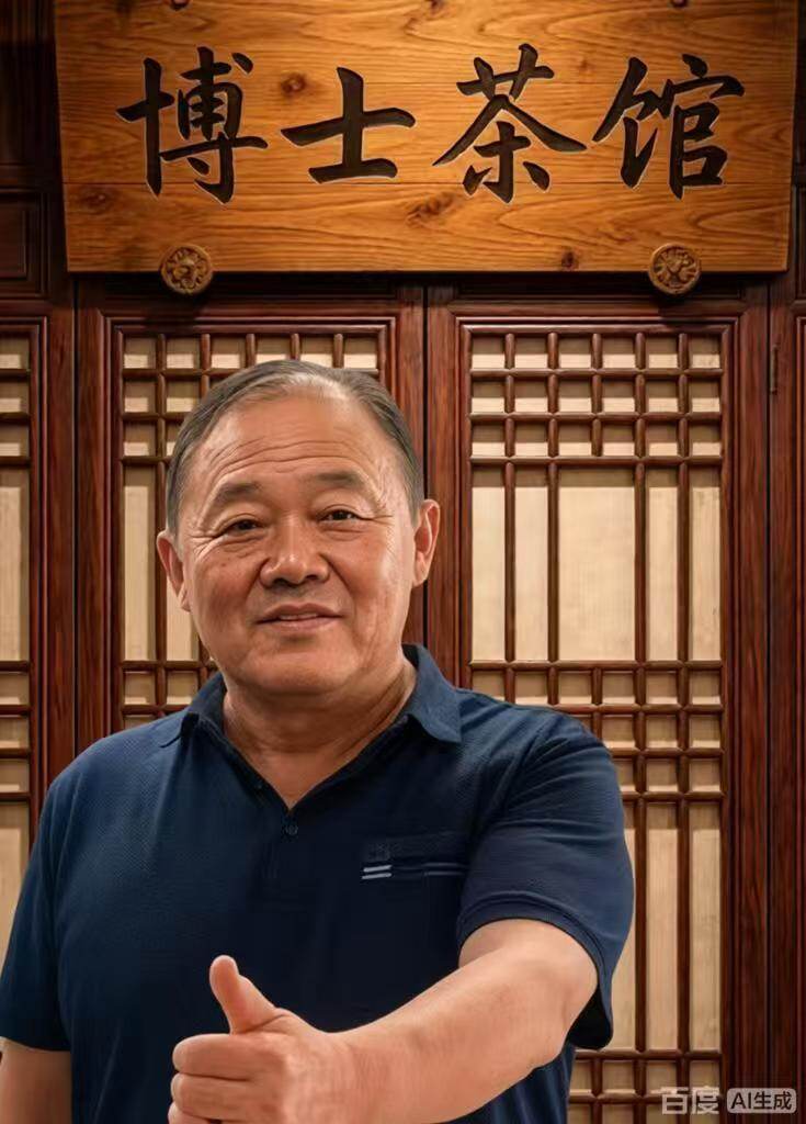 义军幕僚博士茶馆牌匾前竖拇指照