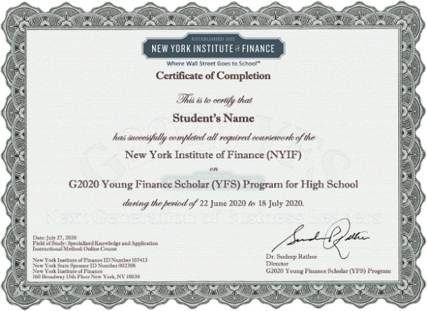 NYIF YFS Certificate